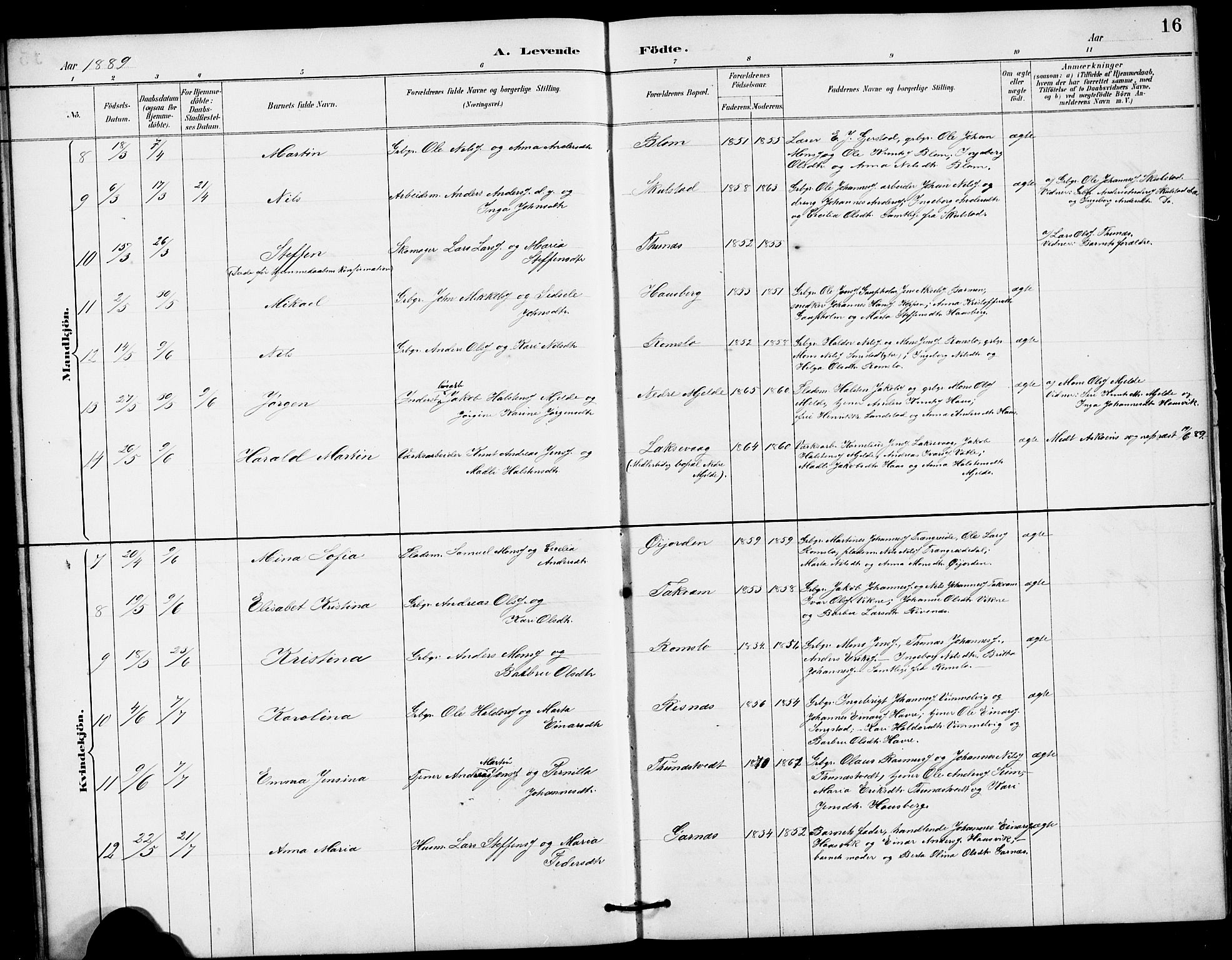 Haus sokneprestembete, SAB/A-75601/H/Hab: Parish register (copy) no. B 3, 1885-1899, p. 16