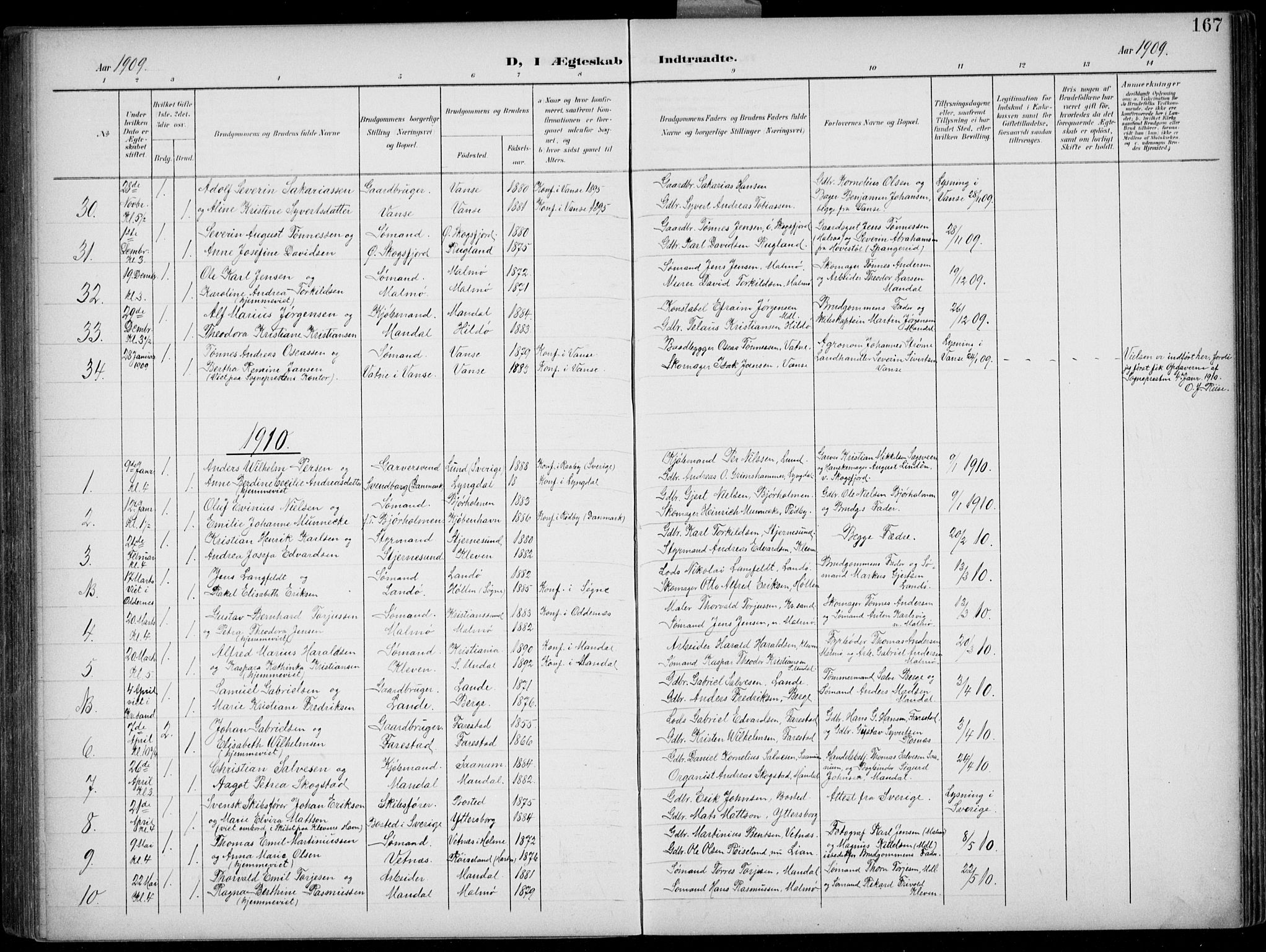 Mandal sokneprestkontor, AV/SAK-1111-0030/F/Fb/Fba/L0012: Parish register (copy) no. B 6, 1899-1918, p. 167