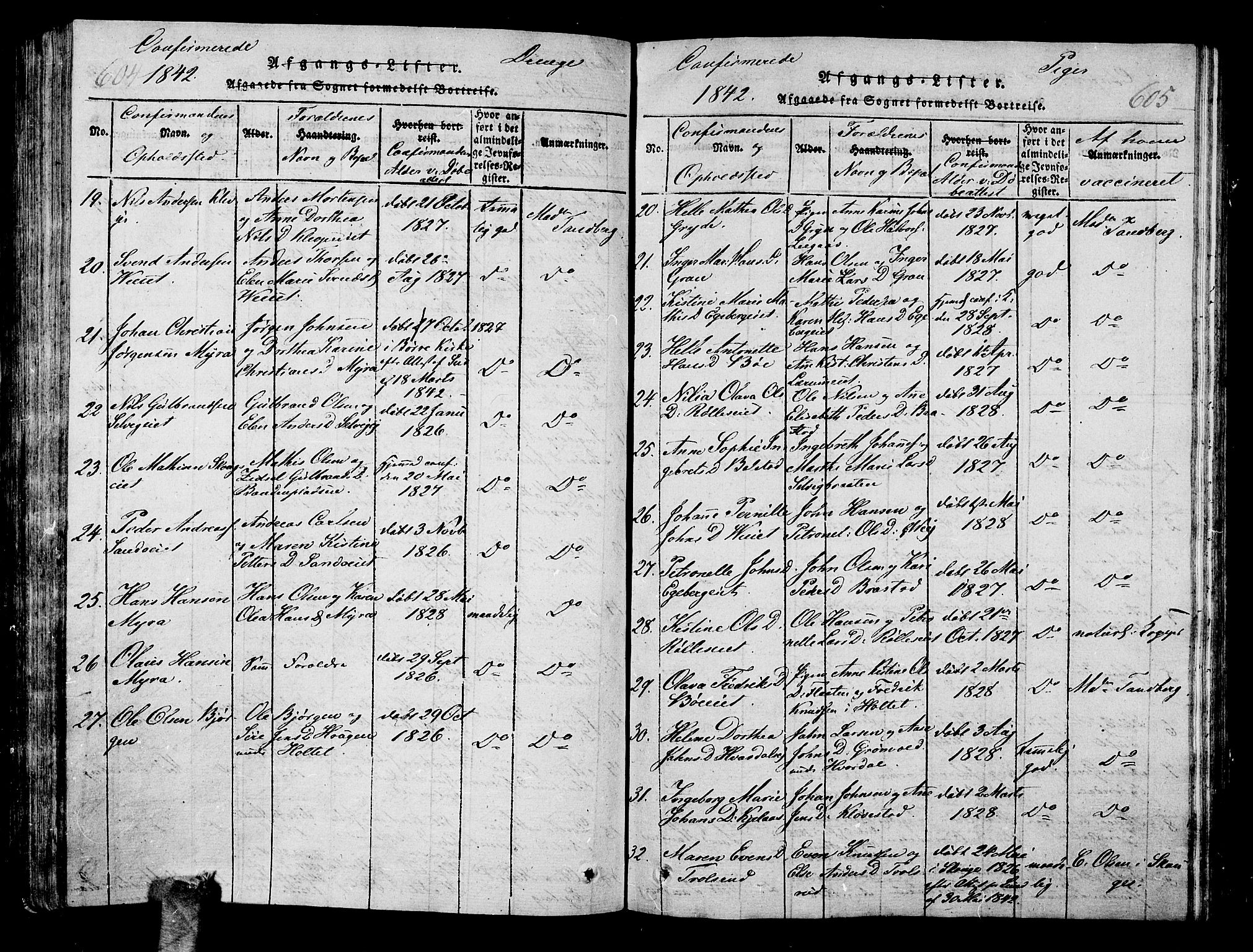 Sande Kirkebøker, AV/SAKO-A-53/G/Ga/L0001: Parish register (copy) no. 1, 1814-1847, p. 604-605