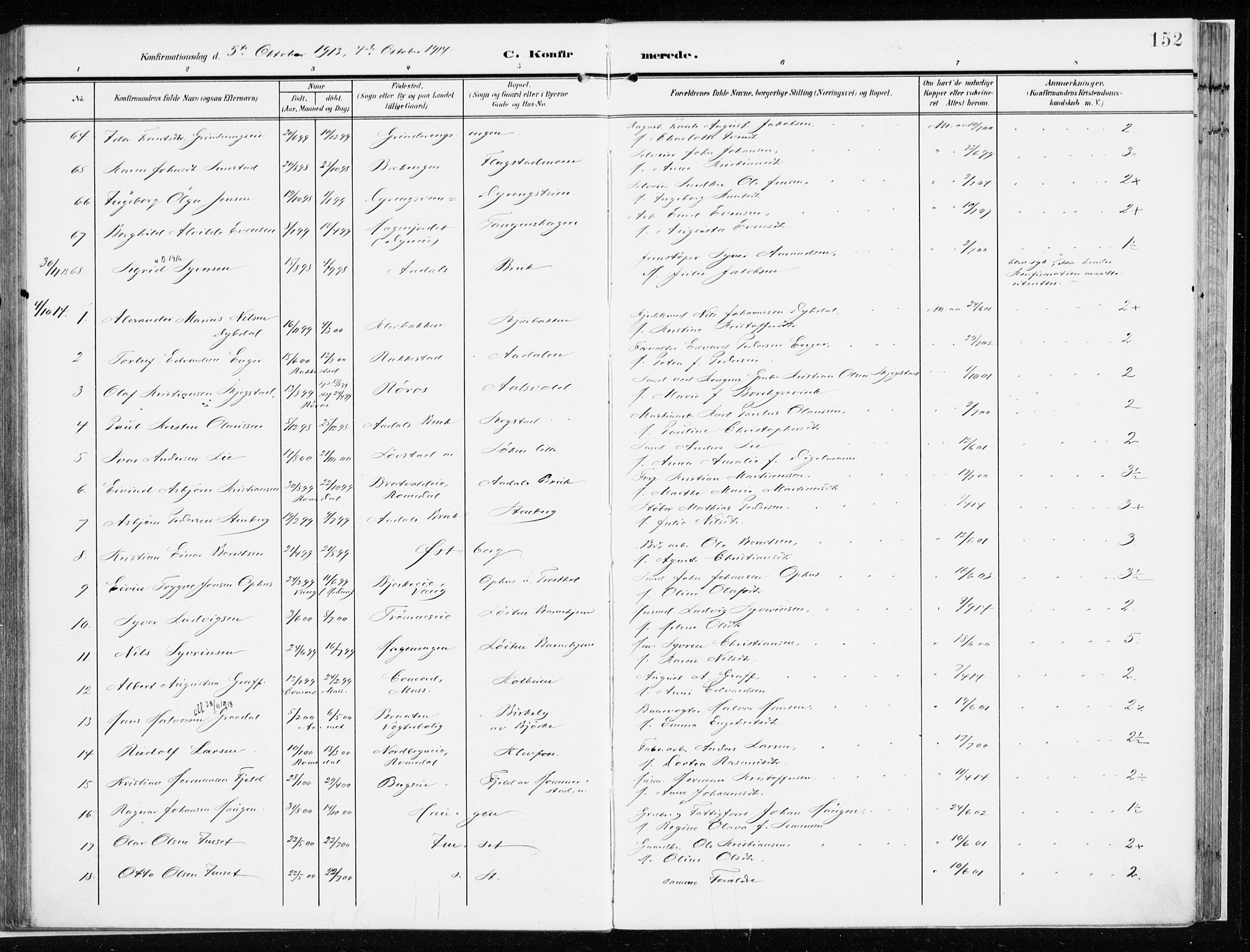 Løten prestekontor, SAH/PREST-022/K/Ka/L0011: Parish register (official) no. 11, 1908-1917, p. 152