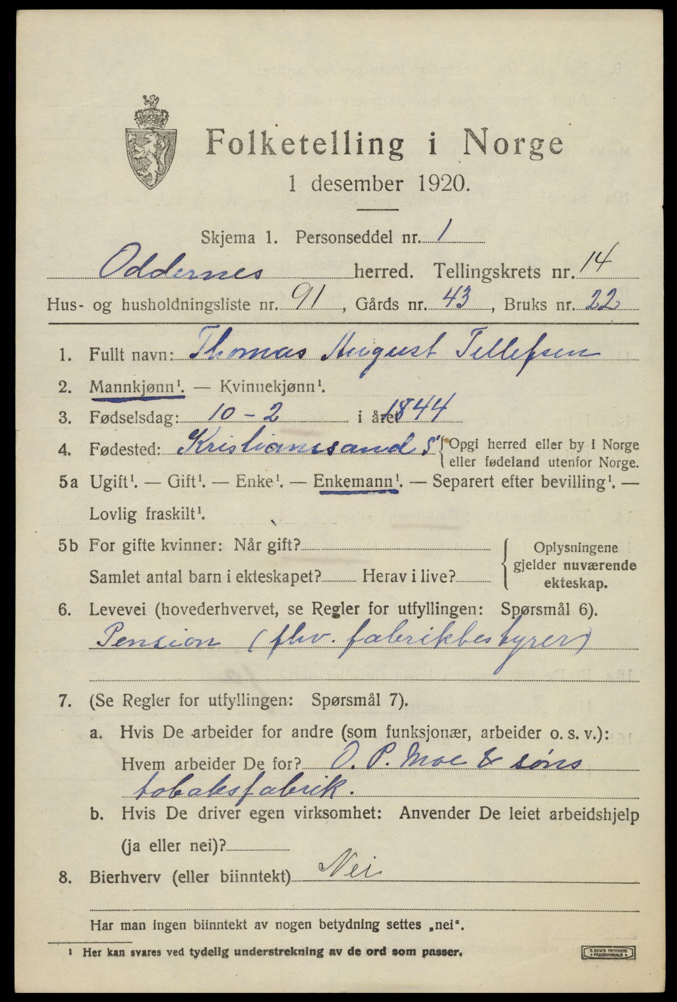 SAK, 1920 census for Oddernes, 1920, p. 9667