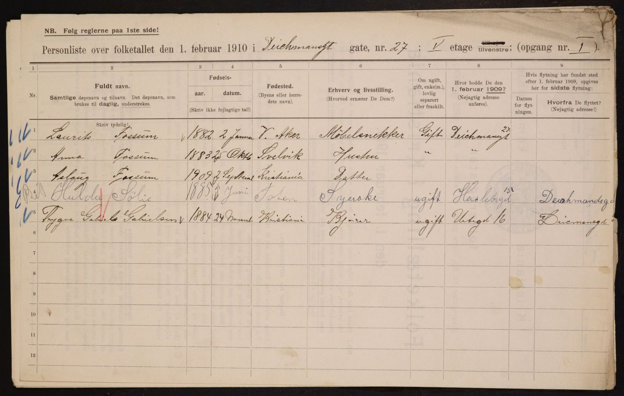 OBA, Municipal Census 1910 for Kristiania, 1910, p. 15138