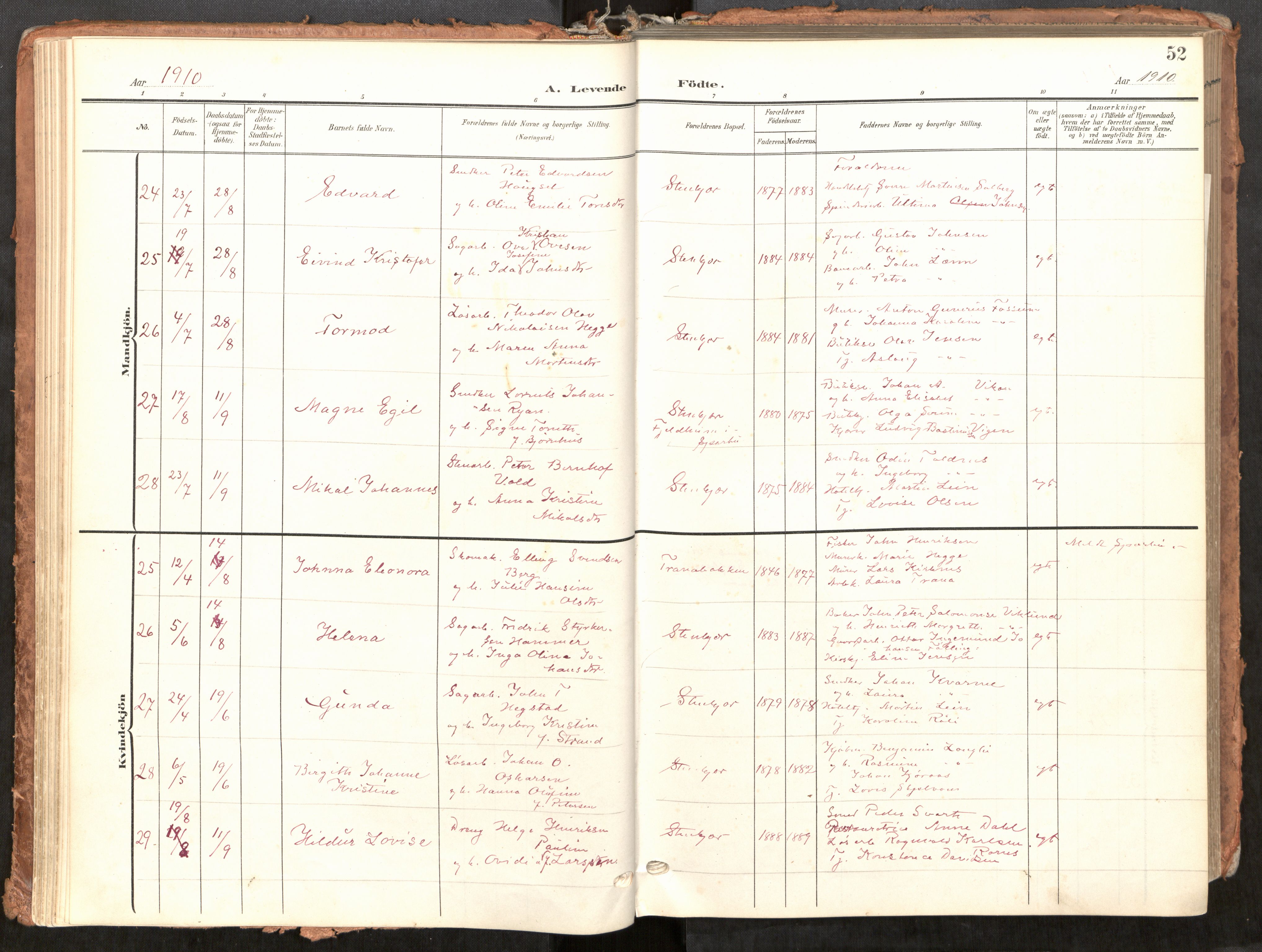 Steinkjer sokneprestkontor, AV/SAT-A-1541/01/H/Ha/Haa/L0001: Parish register (official) no. 1, 1904-1912, p. 52