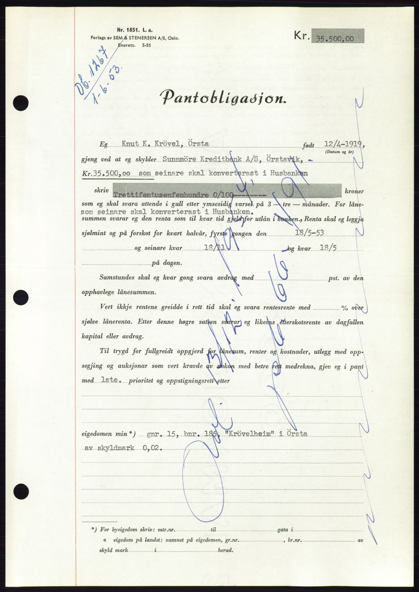 Søre Sunnmøre sorenskriveri, AV/SAT-A-4122/1/2/2C/L0123: Mortgage book no. 11B, 1953-1953, Diary no: : 1267/1953