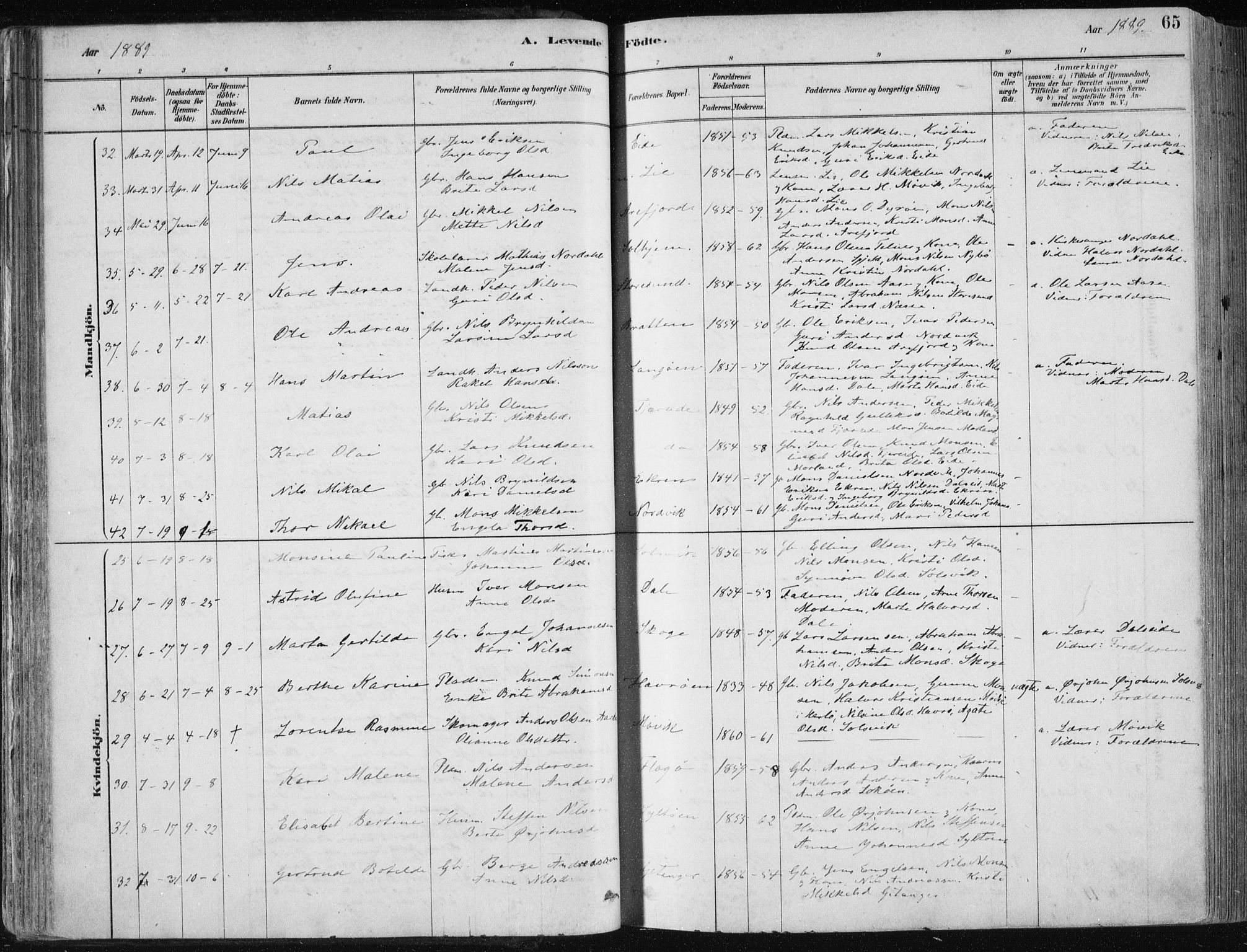 Fjell sokneprestembete, SAB/A-75301/H/Haa: Parish register (official) no. A  8, 1878-1898, p. 65