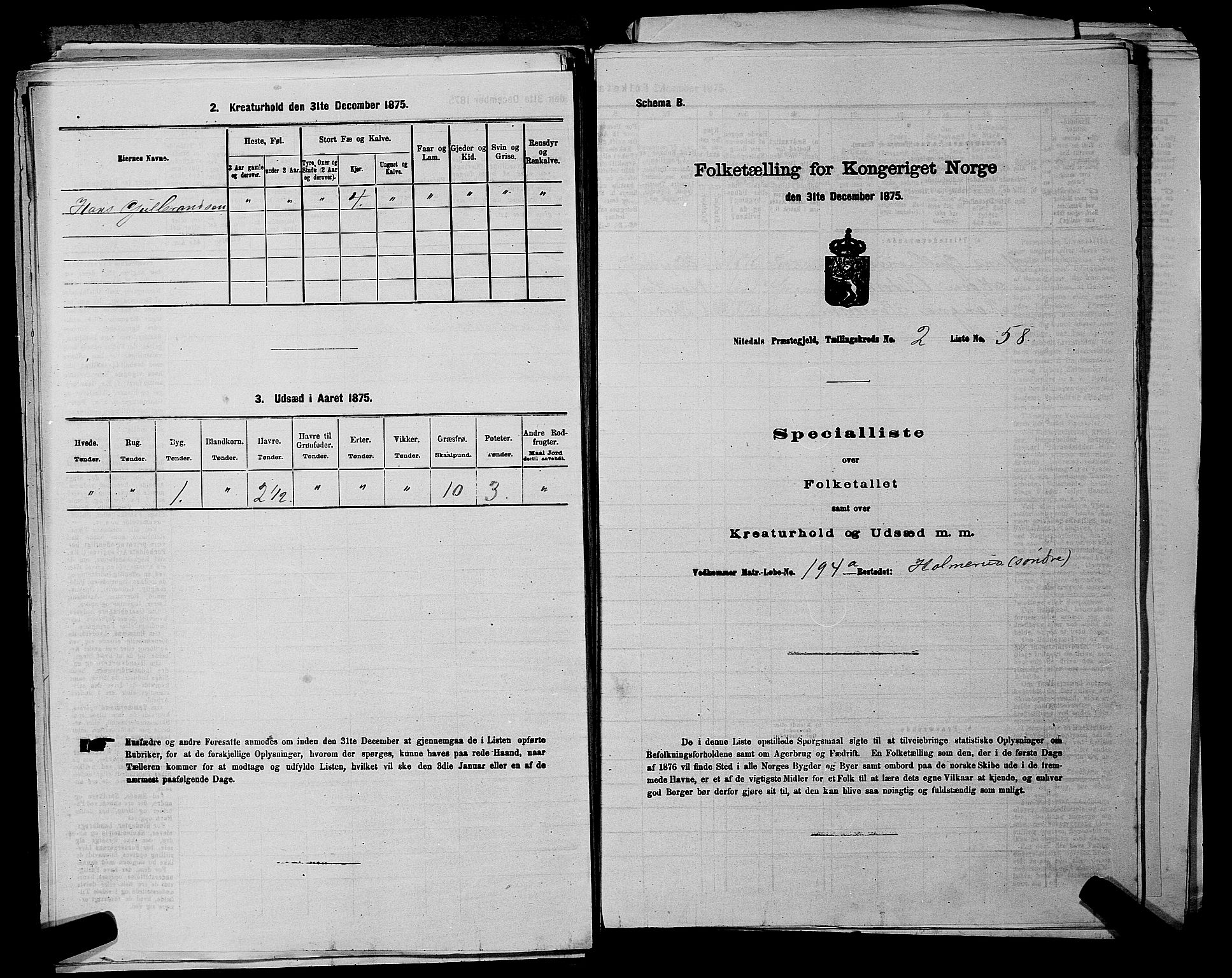 RA, 1875 census for 0233P Nittedal, 1875, p. 378