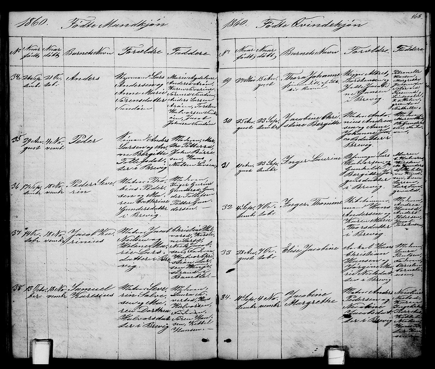 Brevik kirkebøker, SAKO/A-255/G/Ga/L0002: Parish register (copy) no. 2, 1846-1865, p. 168