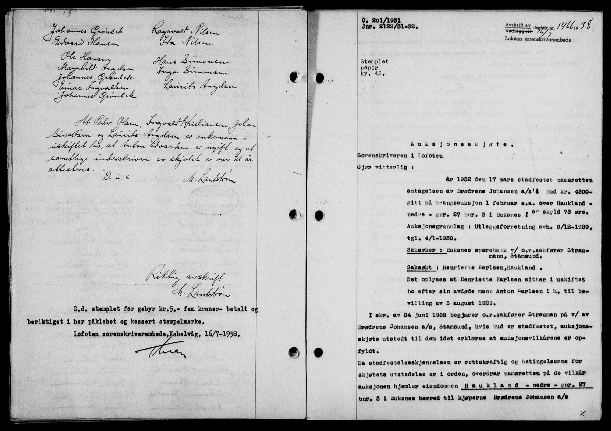 Lofoten sorenskriveri, SAT/A-0017/1/2/2C/L0004a: Mortgage book no. 4a, 1938-1938, Diary no: : 1466/1938