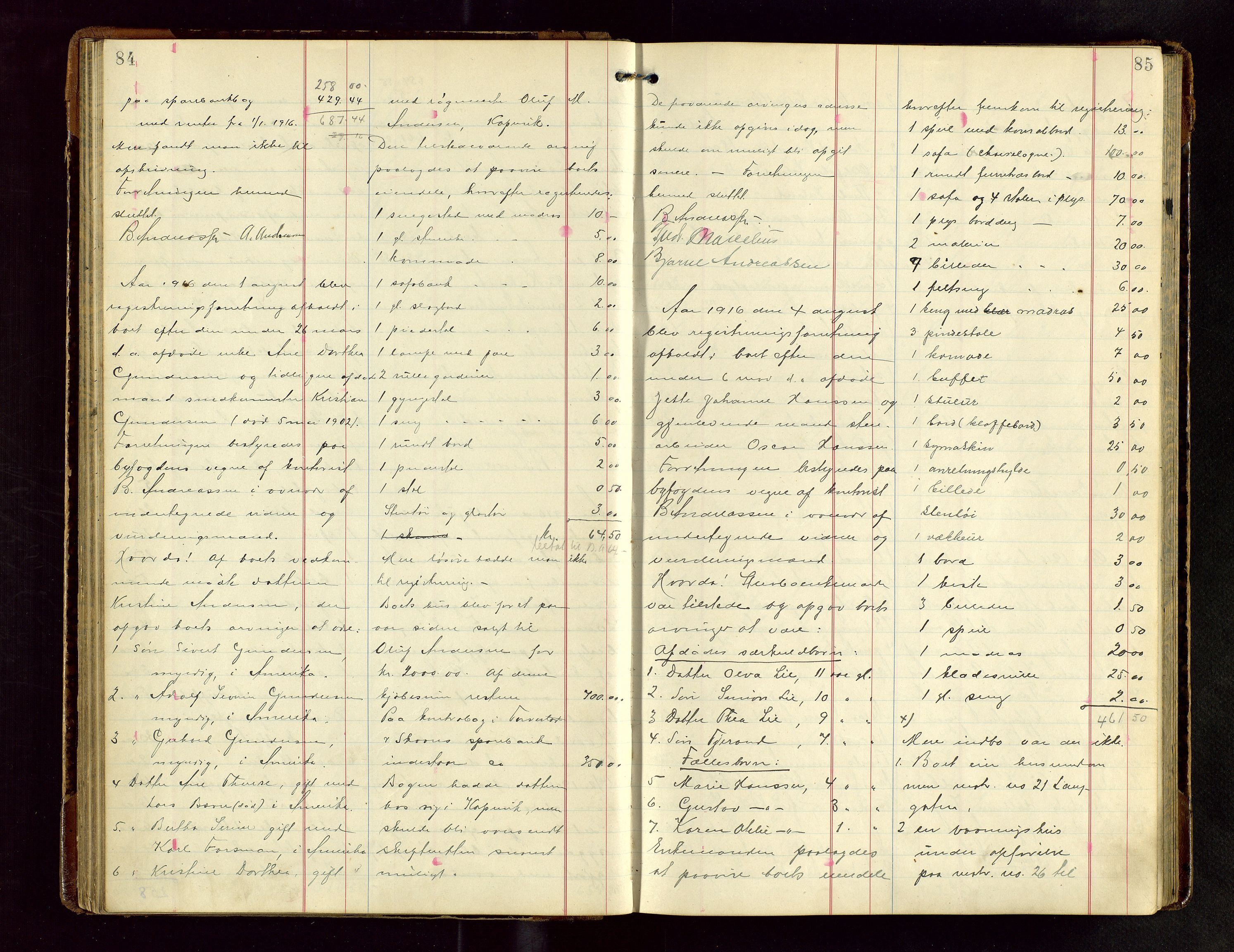 Haugesund tingrett, AV/SAST-A-101415/01/IV/IVB/L0004: Skifteregistreringsprotokoll, med register, 1914-1923, p. 84-85