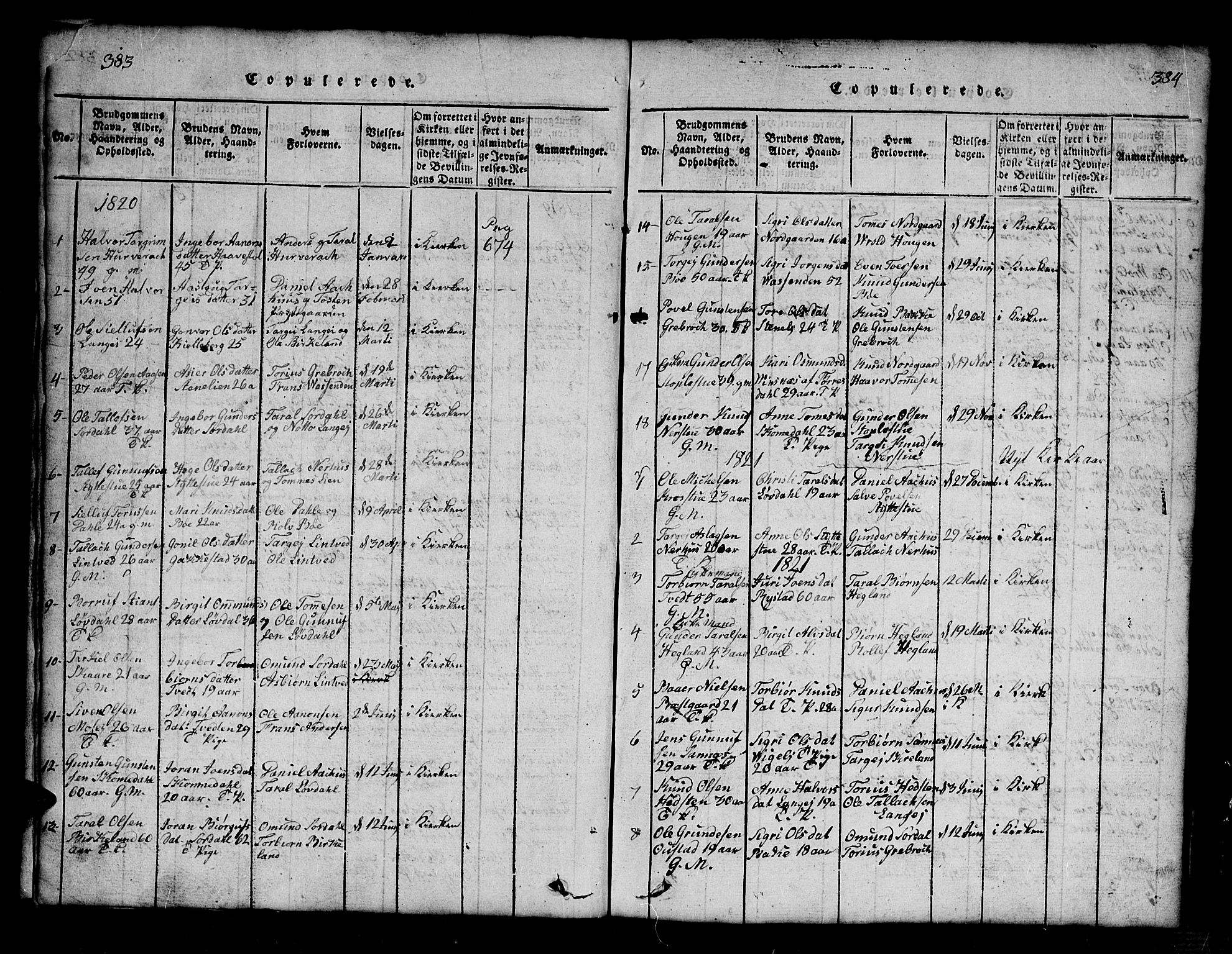 Bygland sokneprestkontor, SAK/1111-0006/F/Fb/Fbb/L0001: Parish register (copy) no. B 1, 1816-1843, p. 384-385