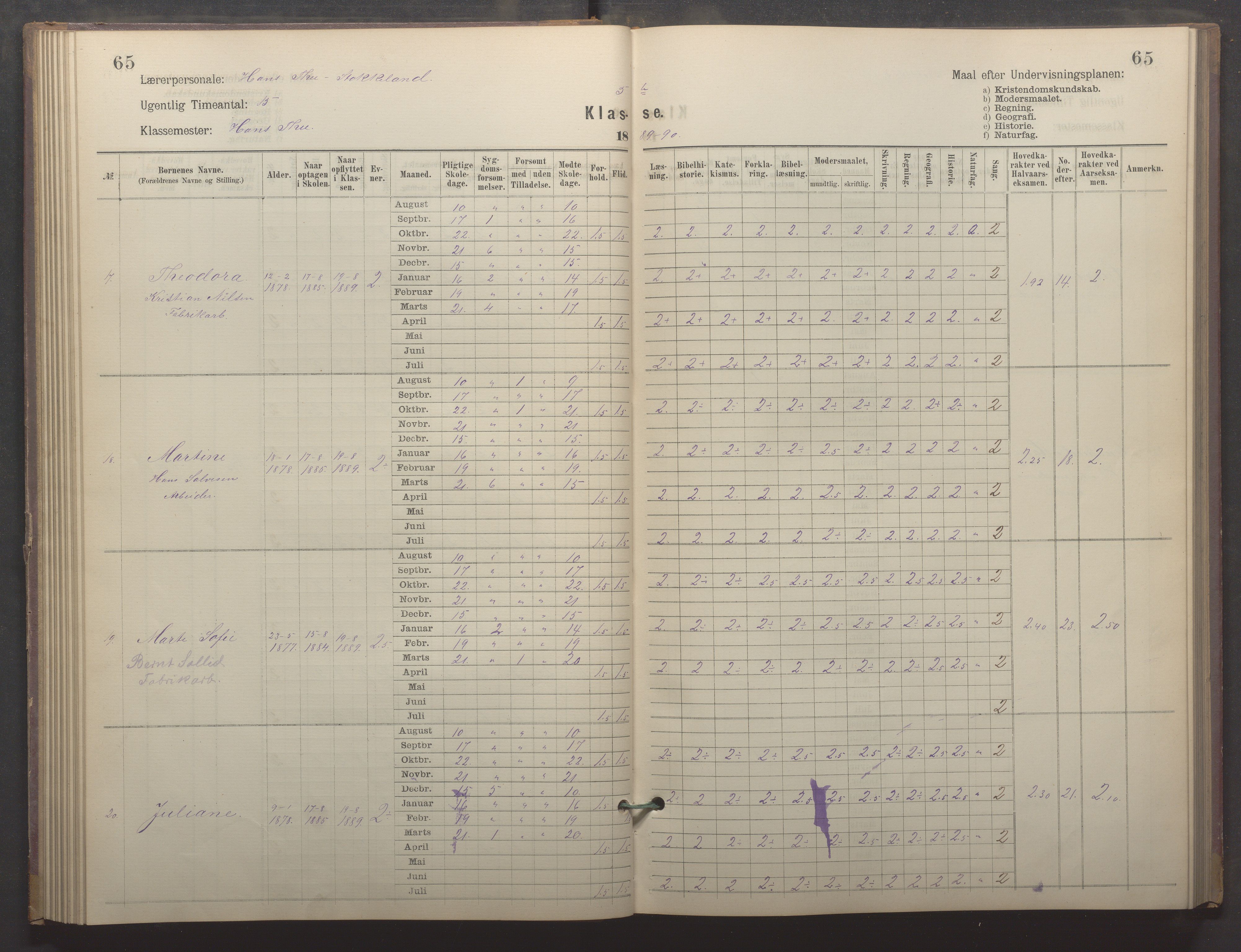 Egersund kommune (Ladested) - Egersund almueskole/folkeskole, IKAR/K-100521/H/L0022: Skoleprotokoll - Almueskolen, 5. klasse, 1886-1892, p. 65