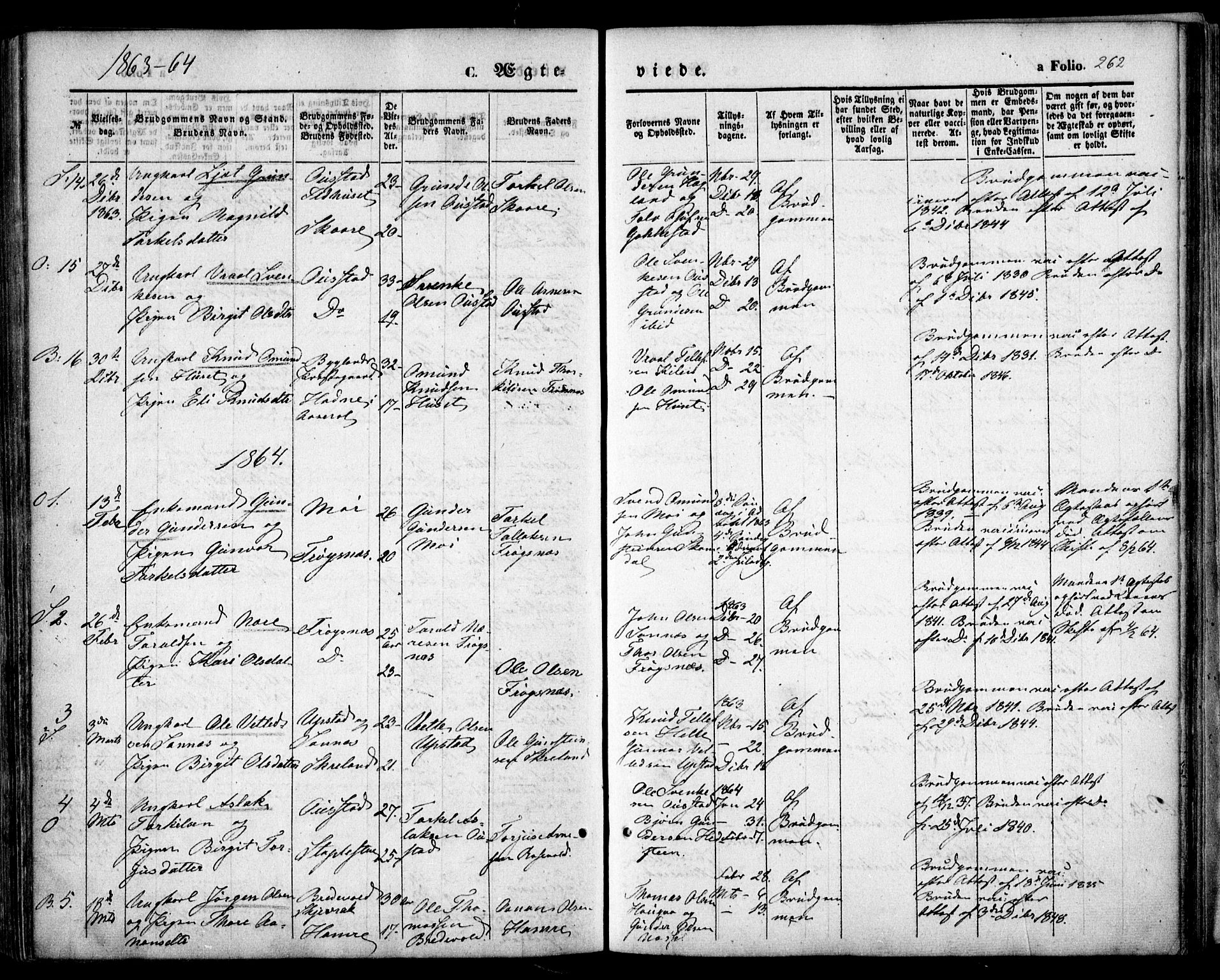 Bygland sokneprestkontor, SAK/1111-0006/F/Fa/Fab/L0005: Parish register (official) no. A 5, 1859-1873, p. 262