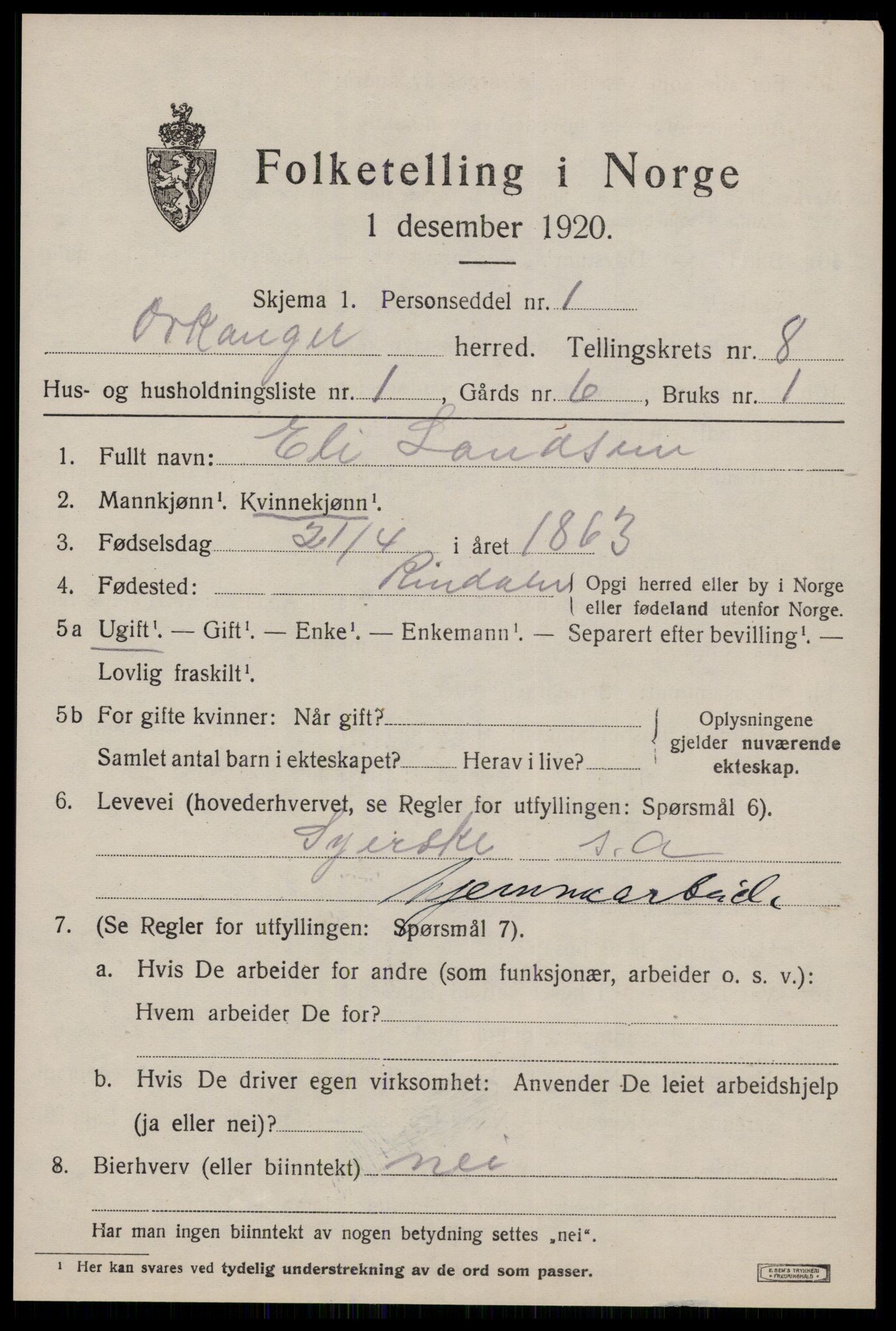 SAT, 1920 census for Orkanger, 1920, p. 3977