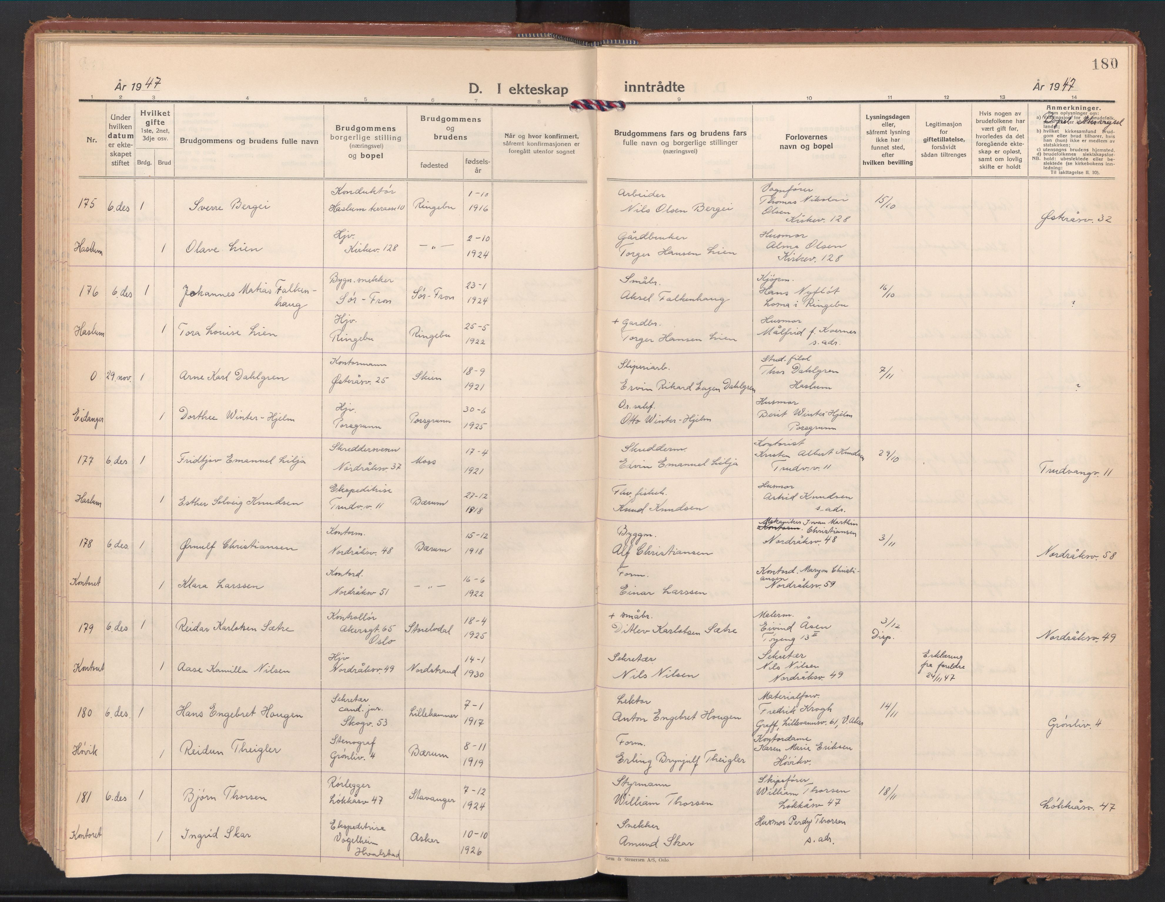 Østre Bærum prestekontor Kirkebøker, AV/SAO-A-10887/F/Fa/L0008: Parish register (official) no. 8, 1940-1948, p. 180