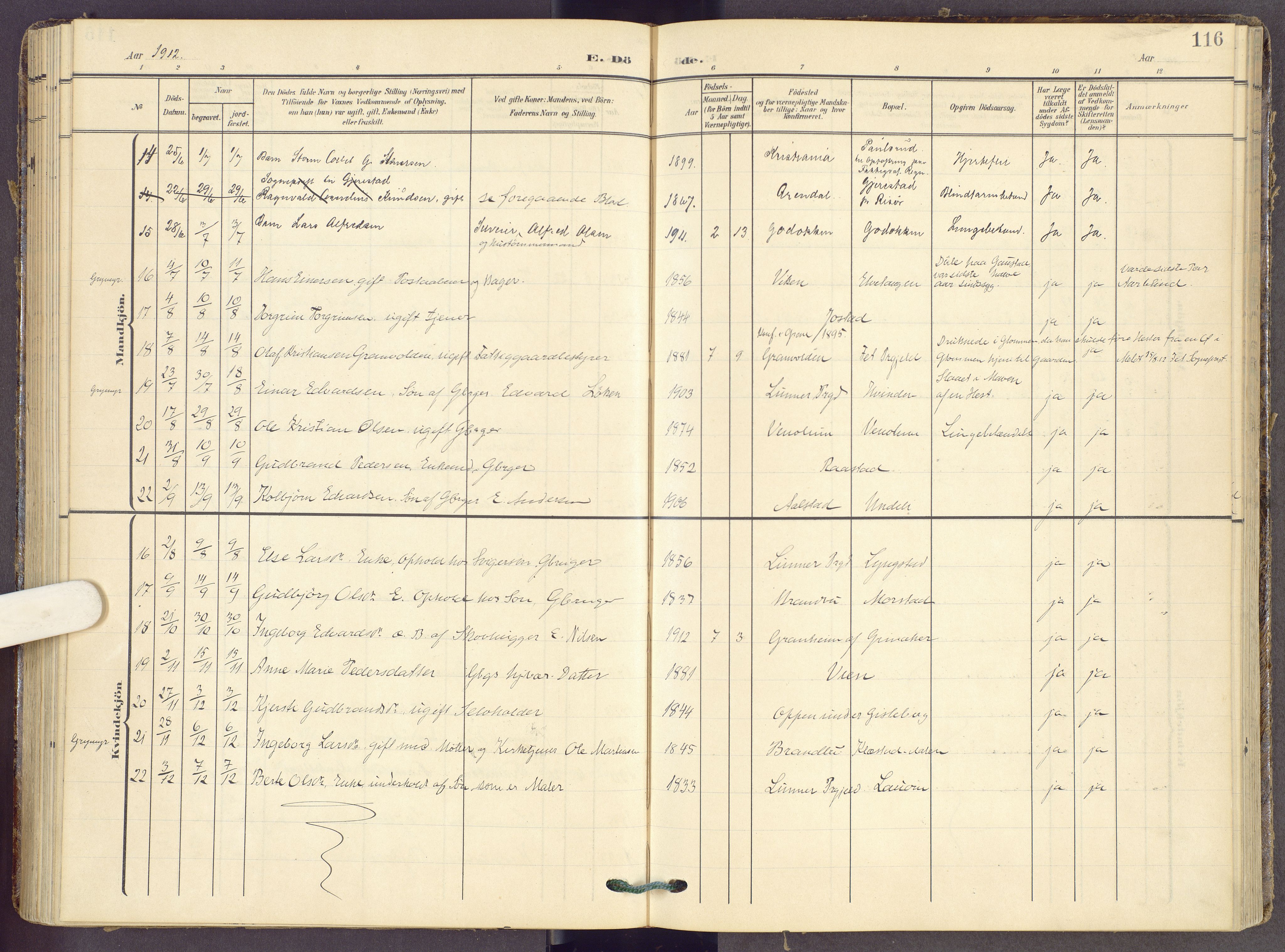 Gran prestekontor, AV/SAH-PREST-112/H/Ha/Haa/L0022: Parish register (official) no. 22, 1908-1918, p. 116