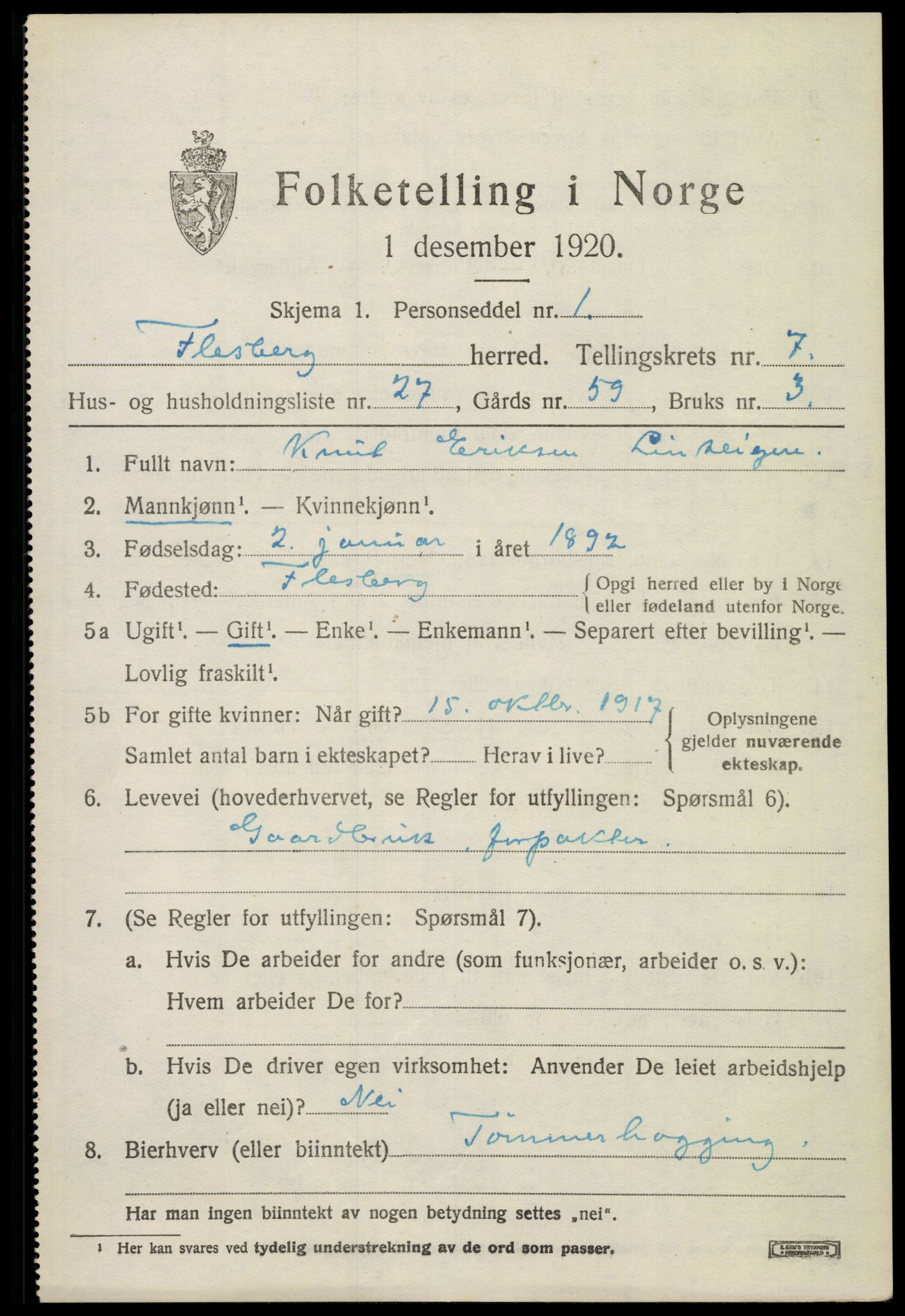 SAKO, 1920 census for Flesberg, 1920, p. 3041