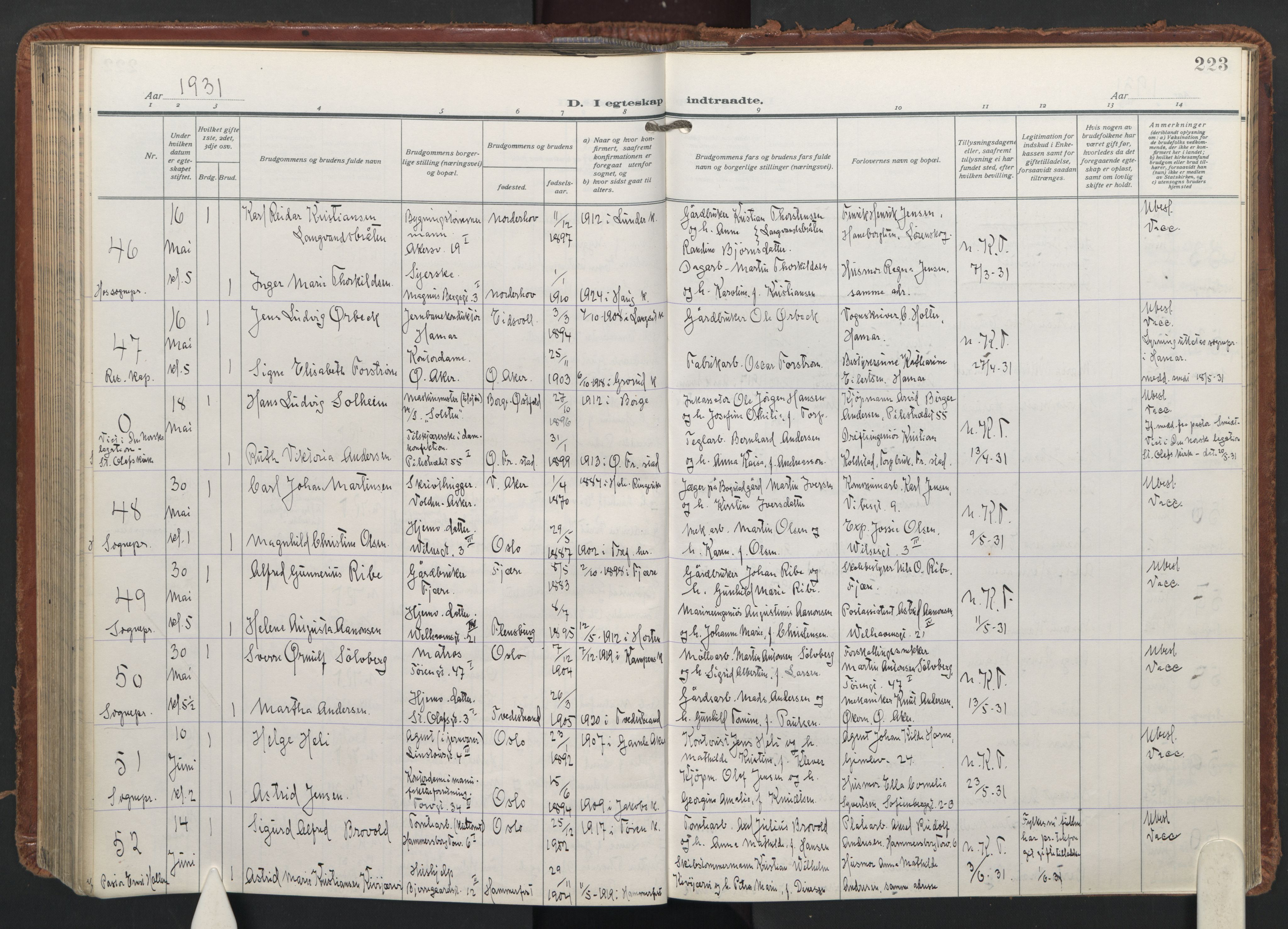 Trefoldighet prestekontor Kirkebøker, AV/SAO-A-10882/F/Fc/L0009: Parish register (official) no. III 9, 1922-1936, p. 223