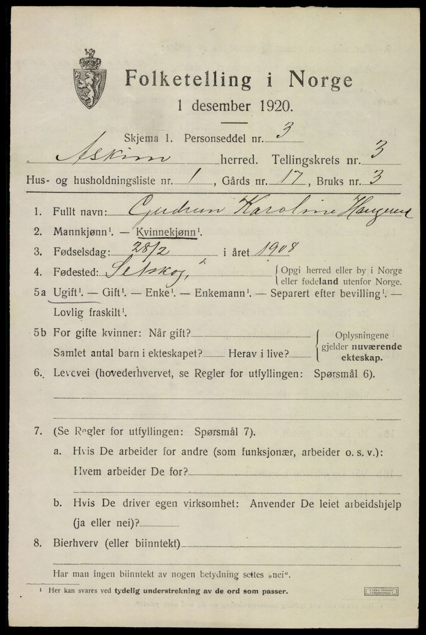 SAO, 1920 census for Askim, 1920, p. 6759