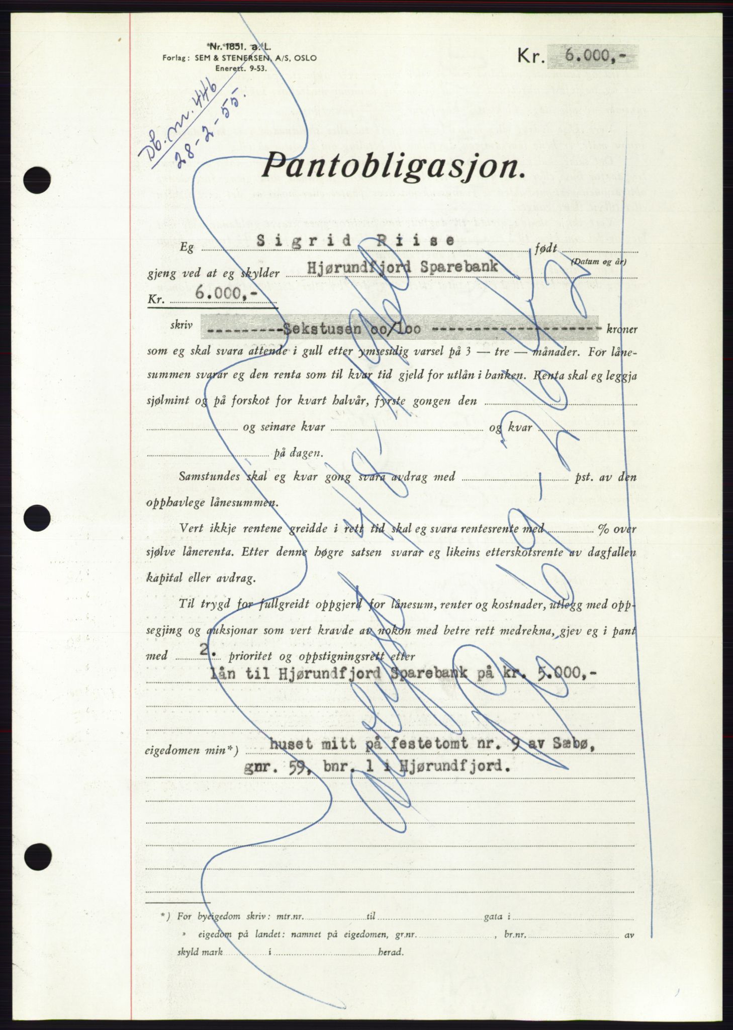 Søre Sunnmøre sorenskriveri, AV/SAT-A-4122/1/2/2C/L0126: Mortgage book no. 14B, 1954-1955, Diary no: : 446/1955