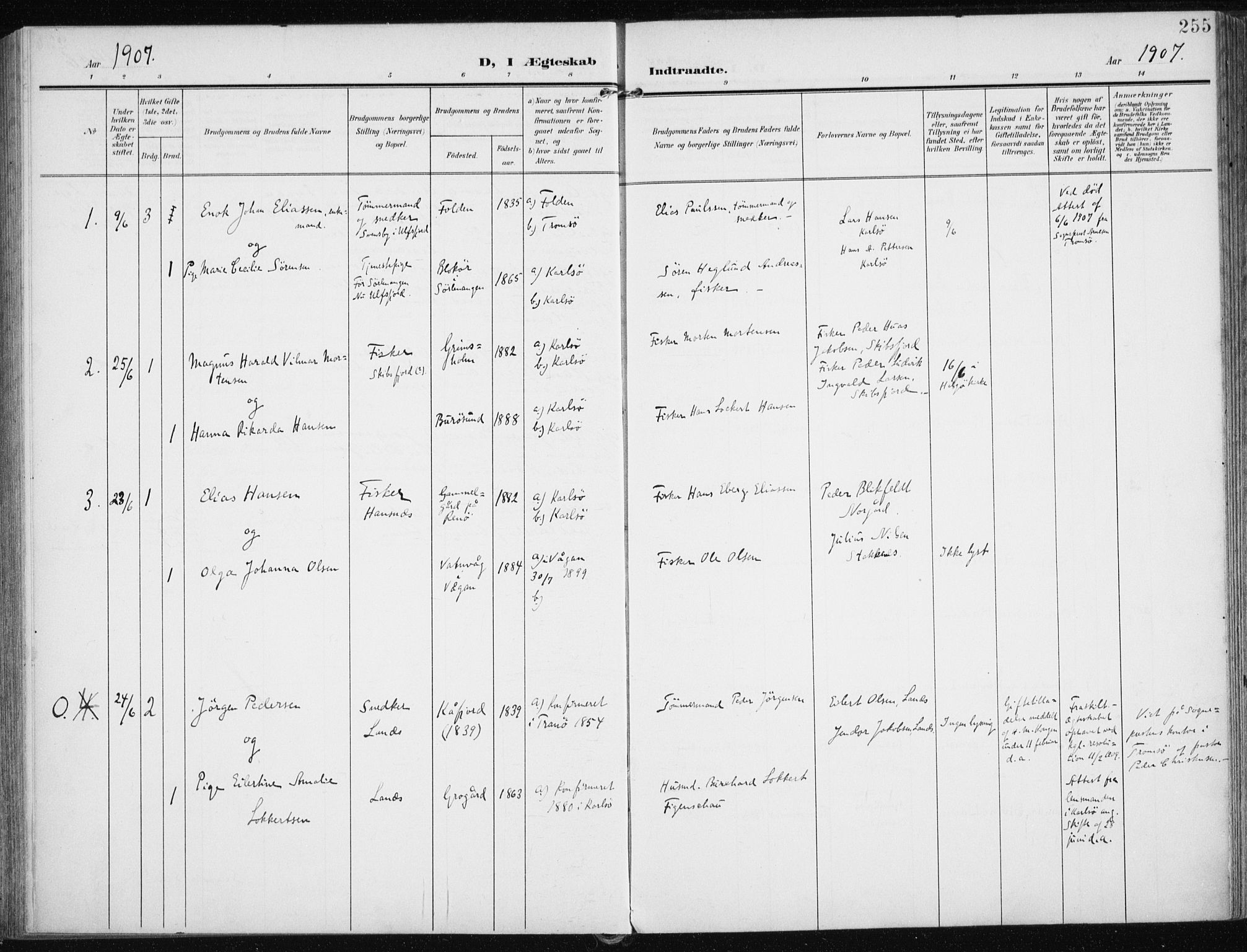 Karlsøy sokneprestembete, AV/SATØ-S-1299/H/Ha/Haa/L0014kirke: Parish register (official) no. 14, 1903-1917, p. 255