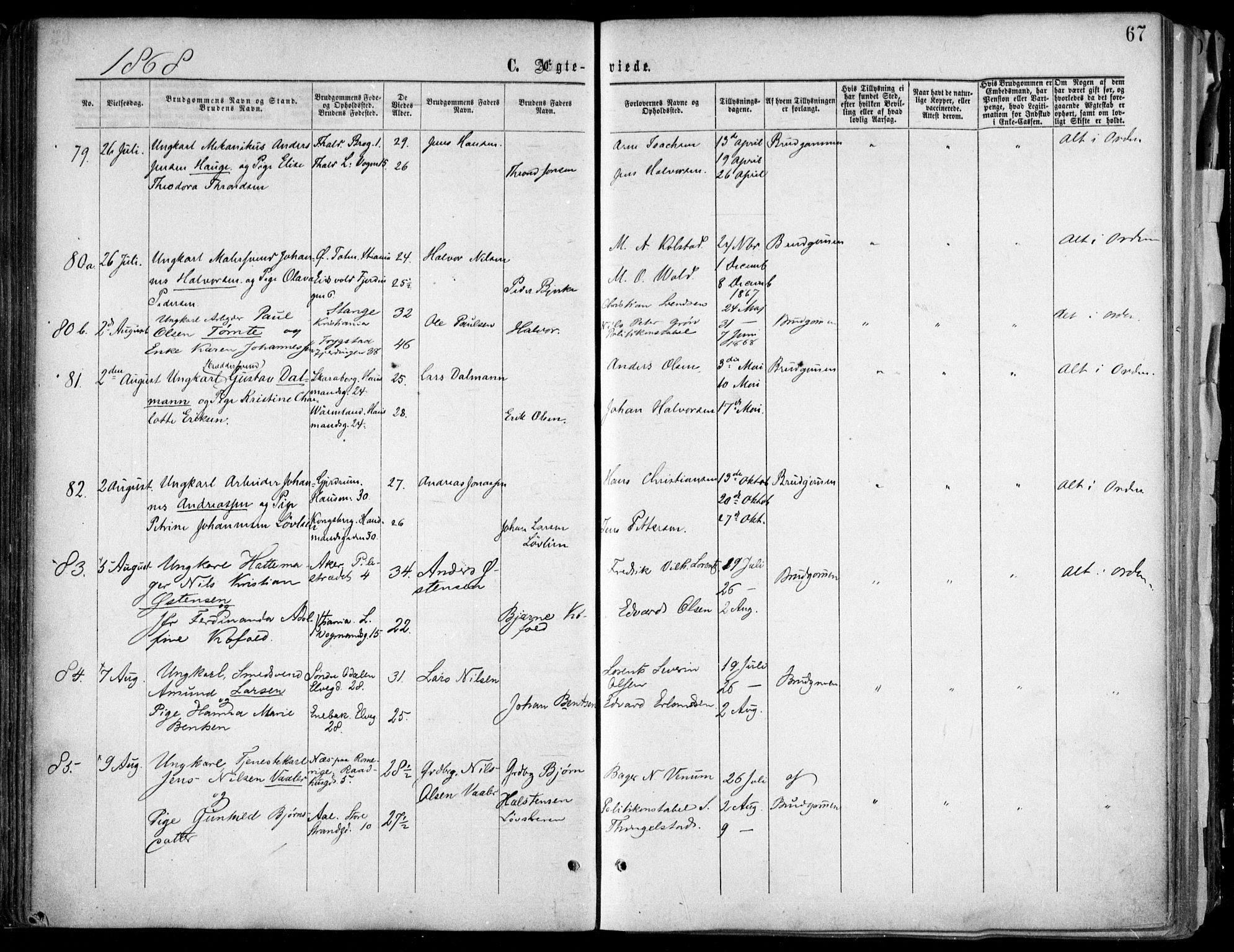 Oslo domkirke Kirkebøker, SAO/A-10752/F/Fa/L0021: Parish register (official) no. 21, 1865-1884, p. 67