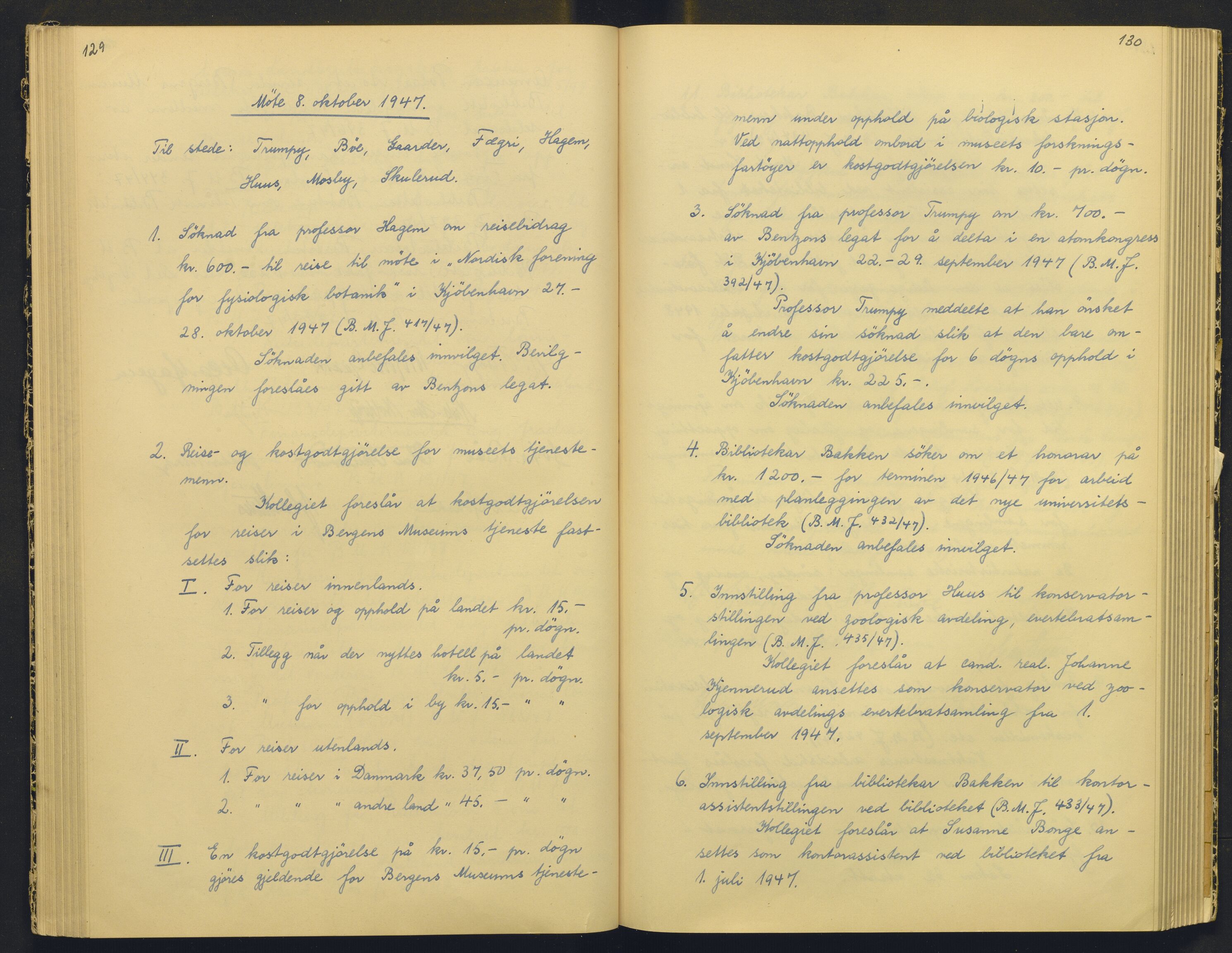 Bergens Museum, AV/SAB-A-17301/18/A/L0004: Professorkollegiets møtebok med register , 1945-1949, p. 129-130