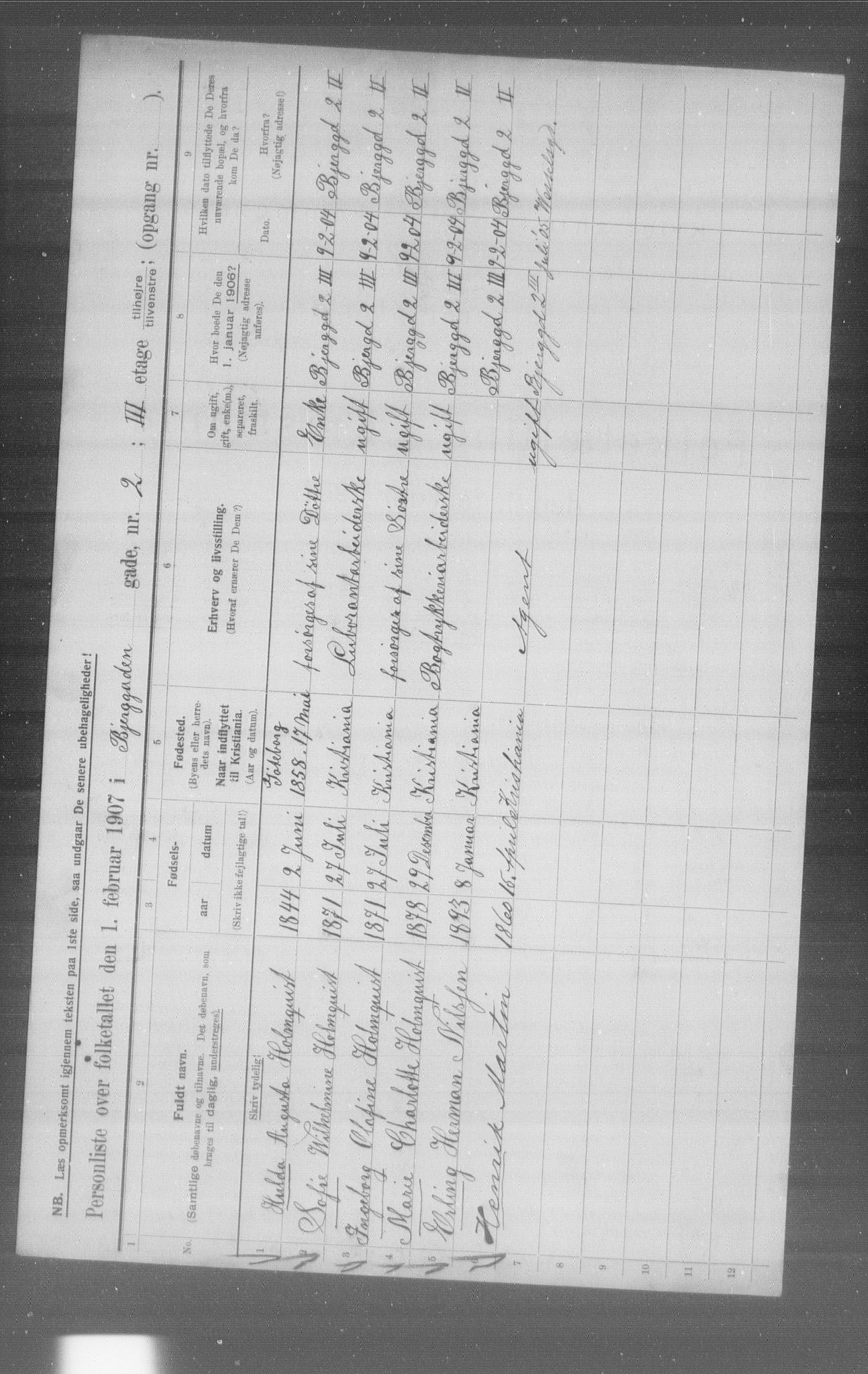 OBA, Municipal Census 1907 for Kristiania, 1907, p. 2185