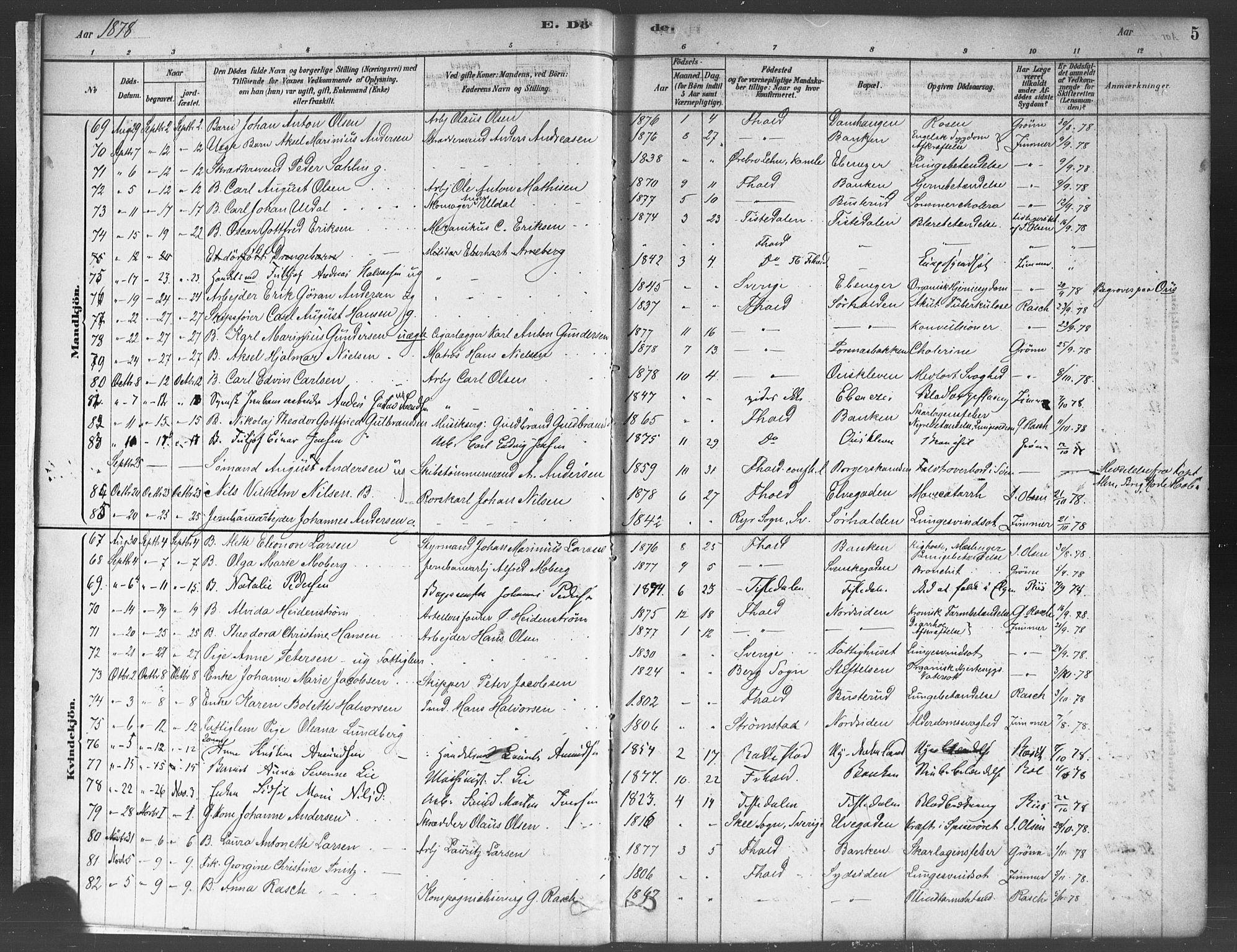 Halden prestekontor Kirkebøker, SAO/A-10909/F/Fa/L0012: Parish register (official) no. I 12, 1878-1889, p. 5