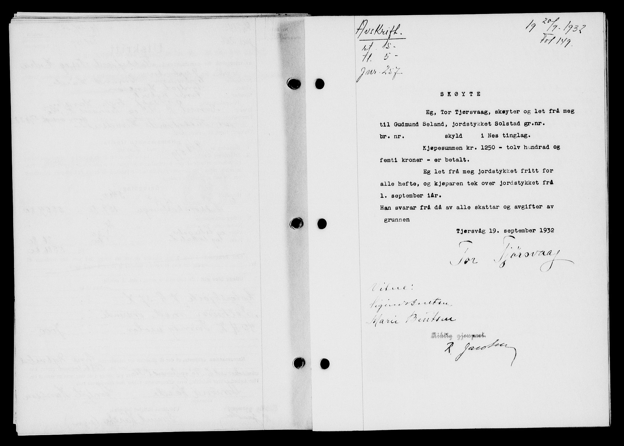 Flekkefjord sorenskriveri, SAK/1221-0001/G/Gb/Gba/L0047: Mortgage book no. 45, 1931-1932, Deed date: 20.09.1932