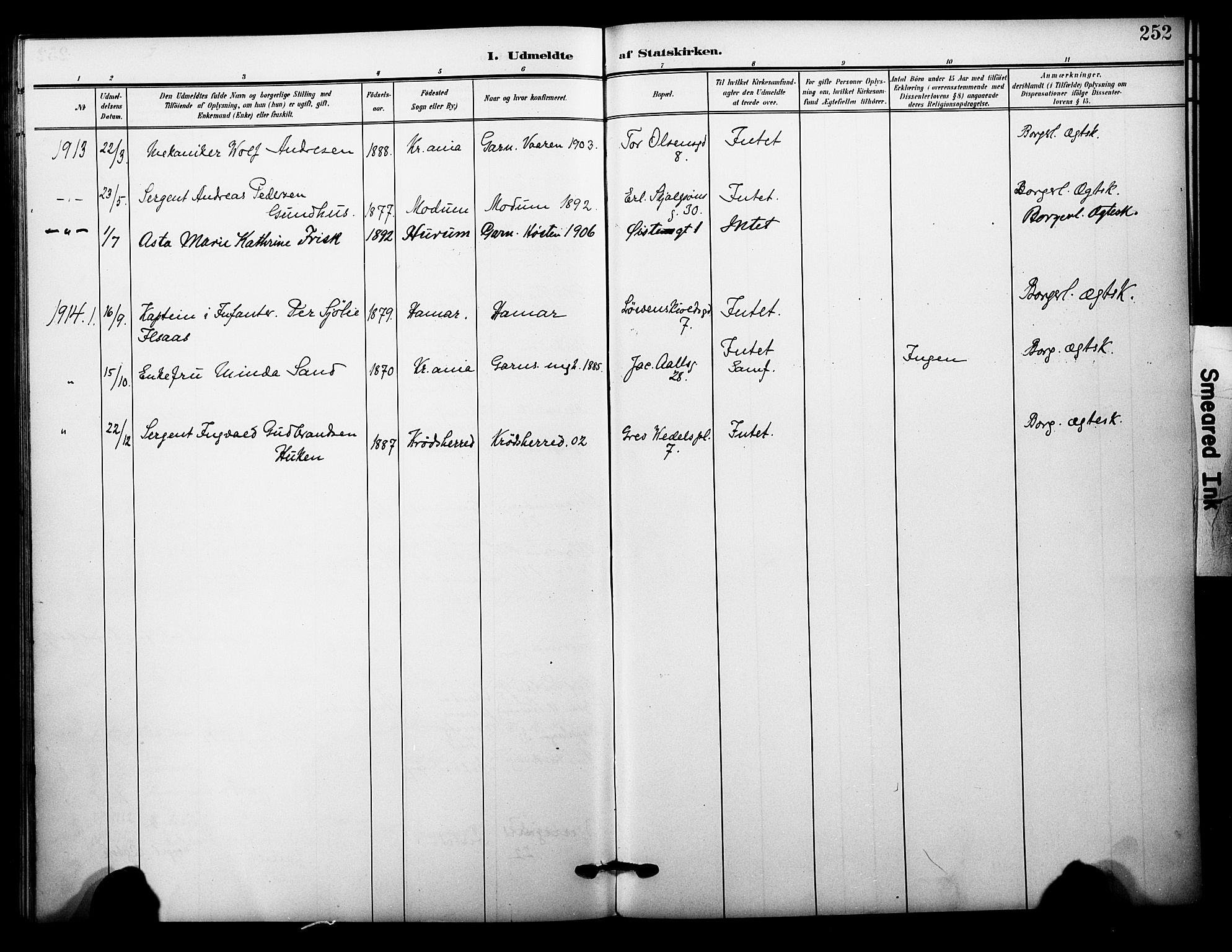 Garnisonsmenigheten Kirkebøker, SAO/A-10846/F/Fa/L0014: Parish register (official) no. 14, 1905-1914, p. 252