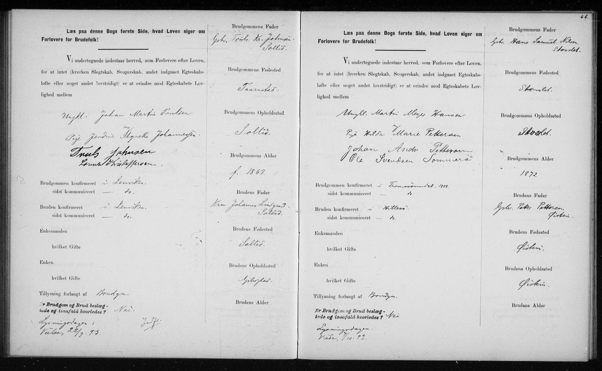 Lenvik sokneprestembete, AV/SATØ-S-1310/I/Ie/L0129: Banns register no. 129, 1890-1895, p. 66