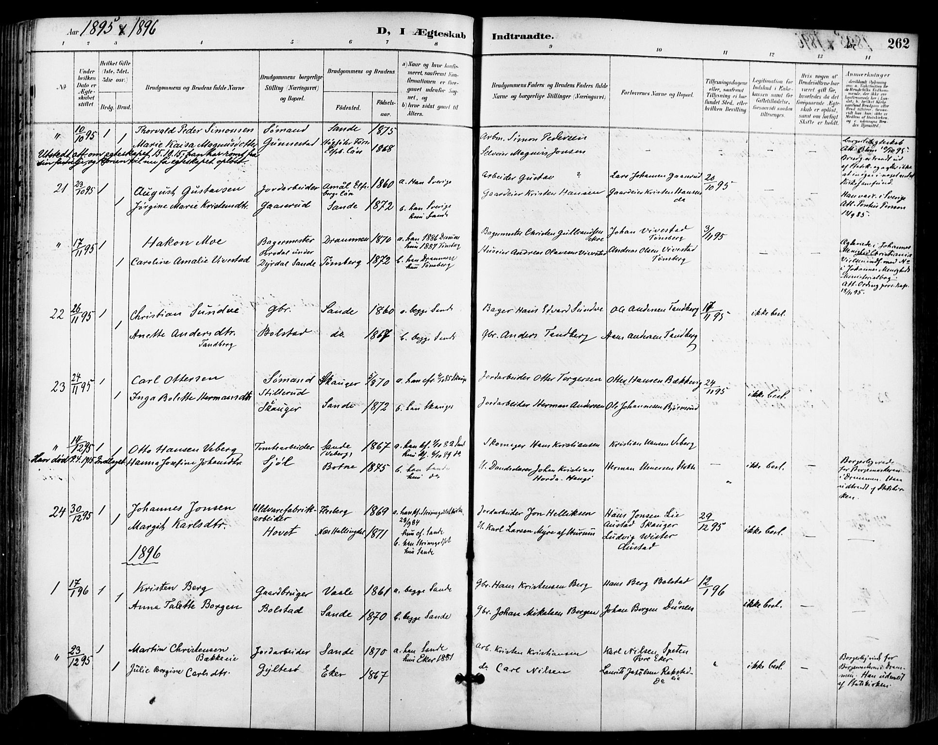 Sande Kirkebøker, AV/SAKO-A-53/F/Fa/L0007: Parish register (official) no. 7, 1888-1903, p. 262