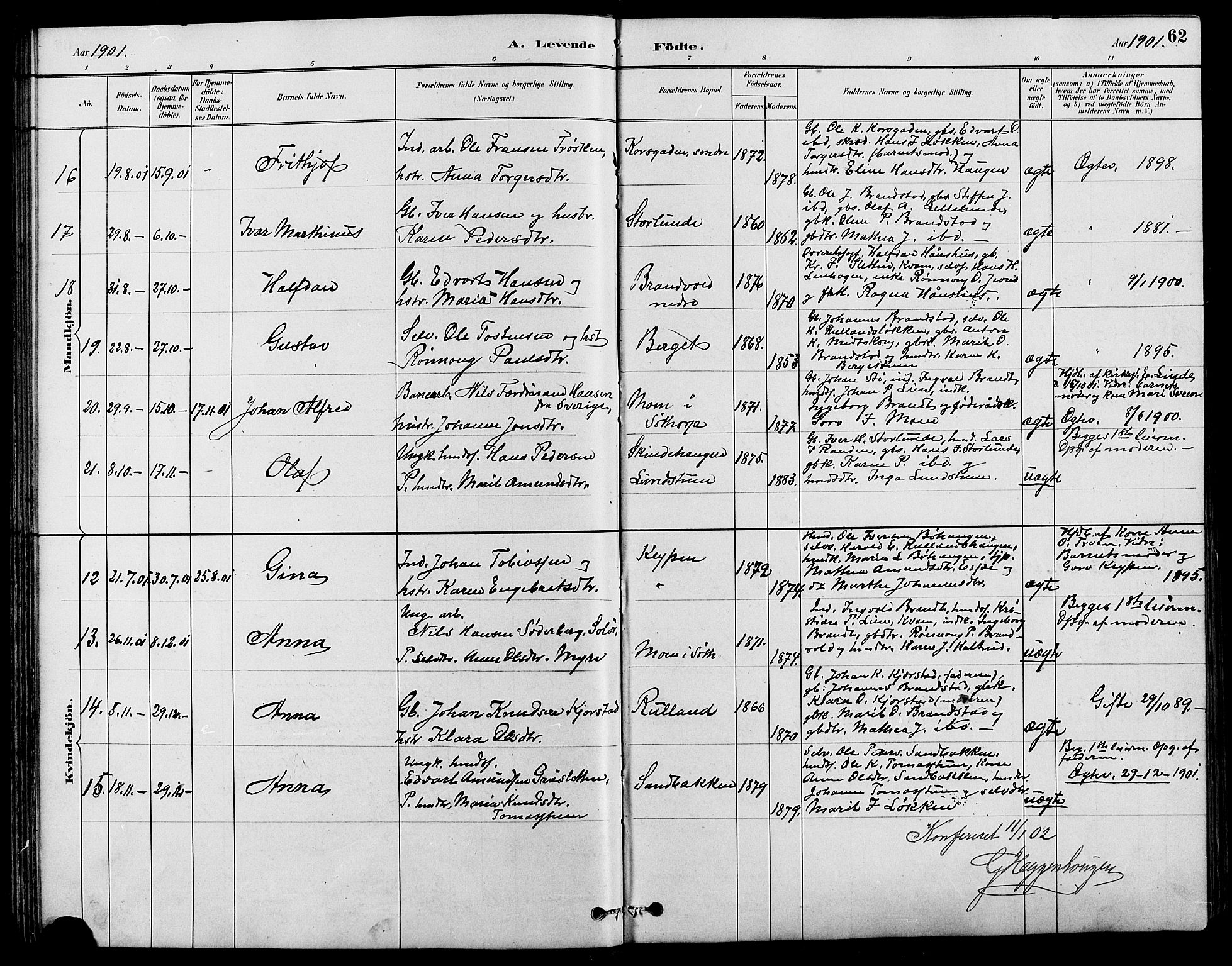 Nord-Fron prestekontor, SAH/PREST-080/H/Ha/Hab/L0004: Parish register (copy) no. 4, 1884-1914, p. 62
