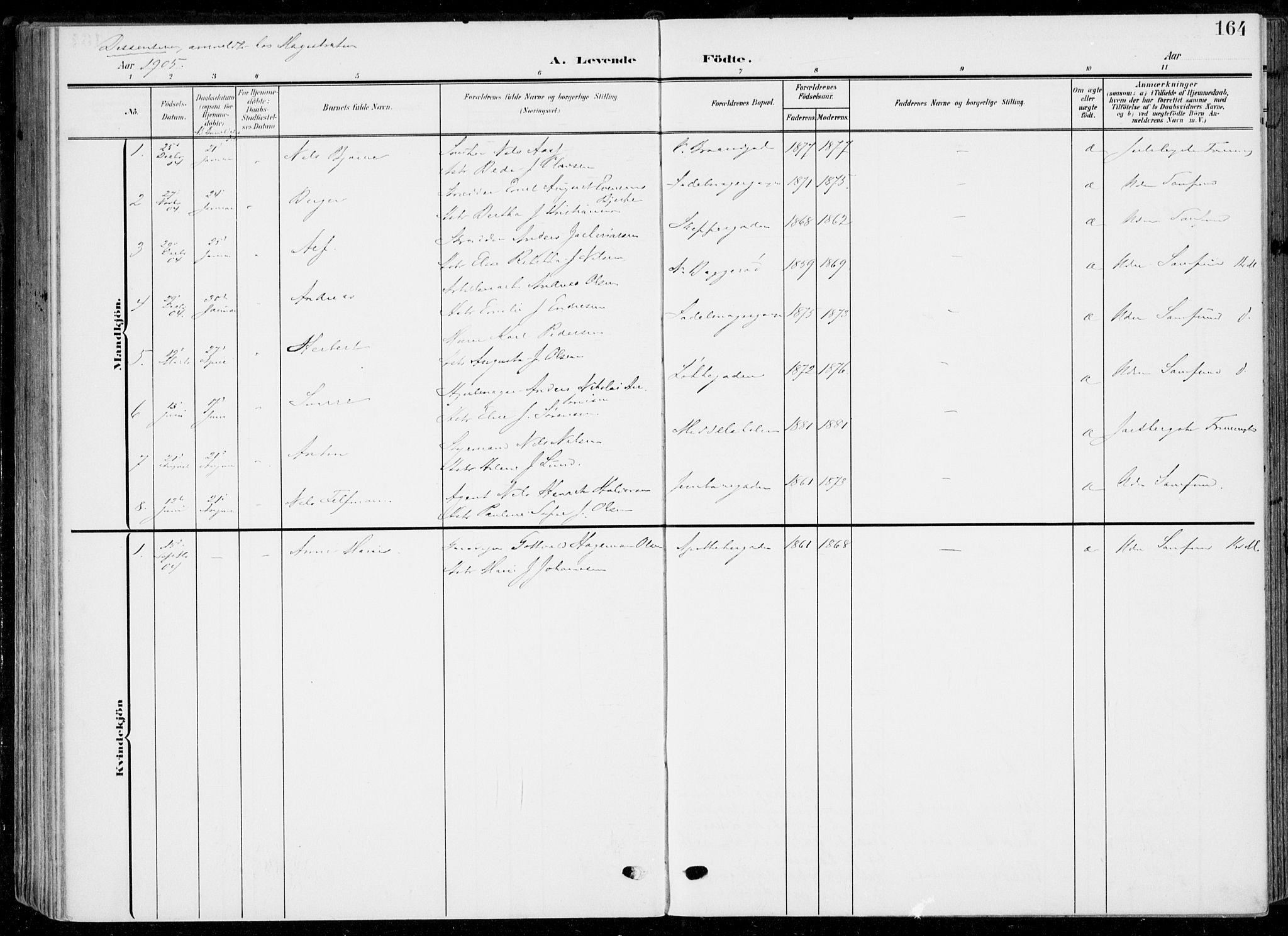 Horten kirkebøker, AV/SAKO-A-348/F/Fa/L0006: Parish register (official) no. 6, 1905-1912, p. 164