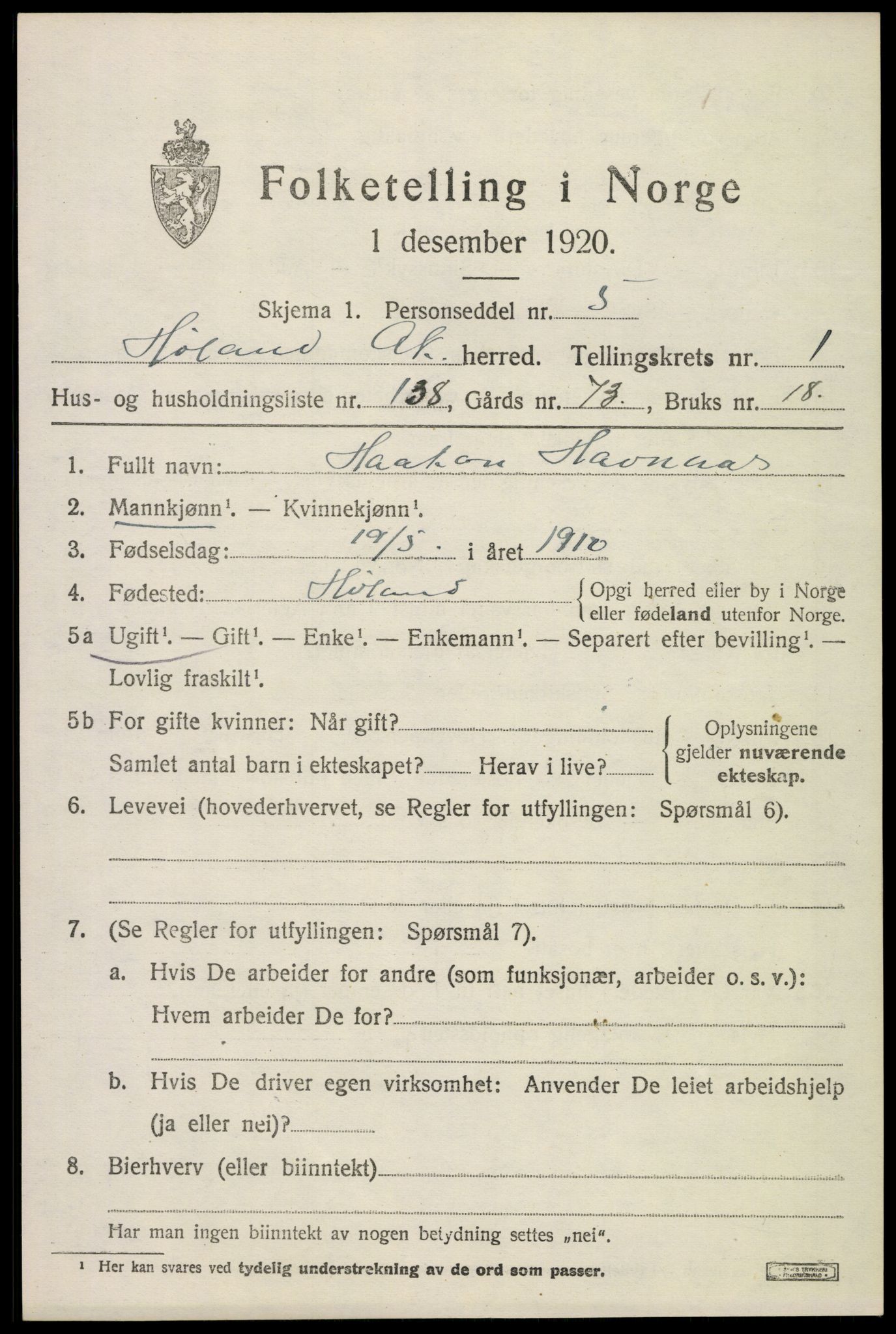 SAO, 1920 census for Høland, 1920, p. 3687