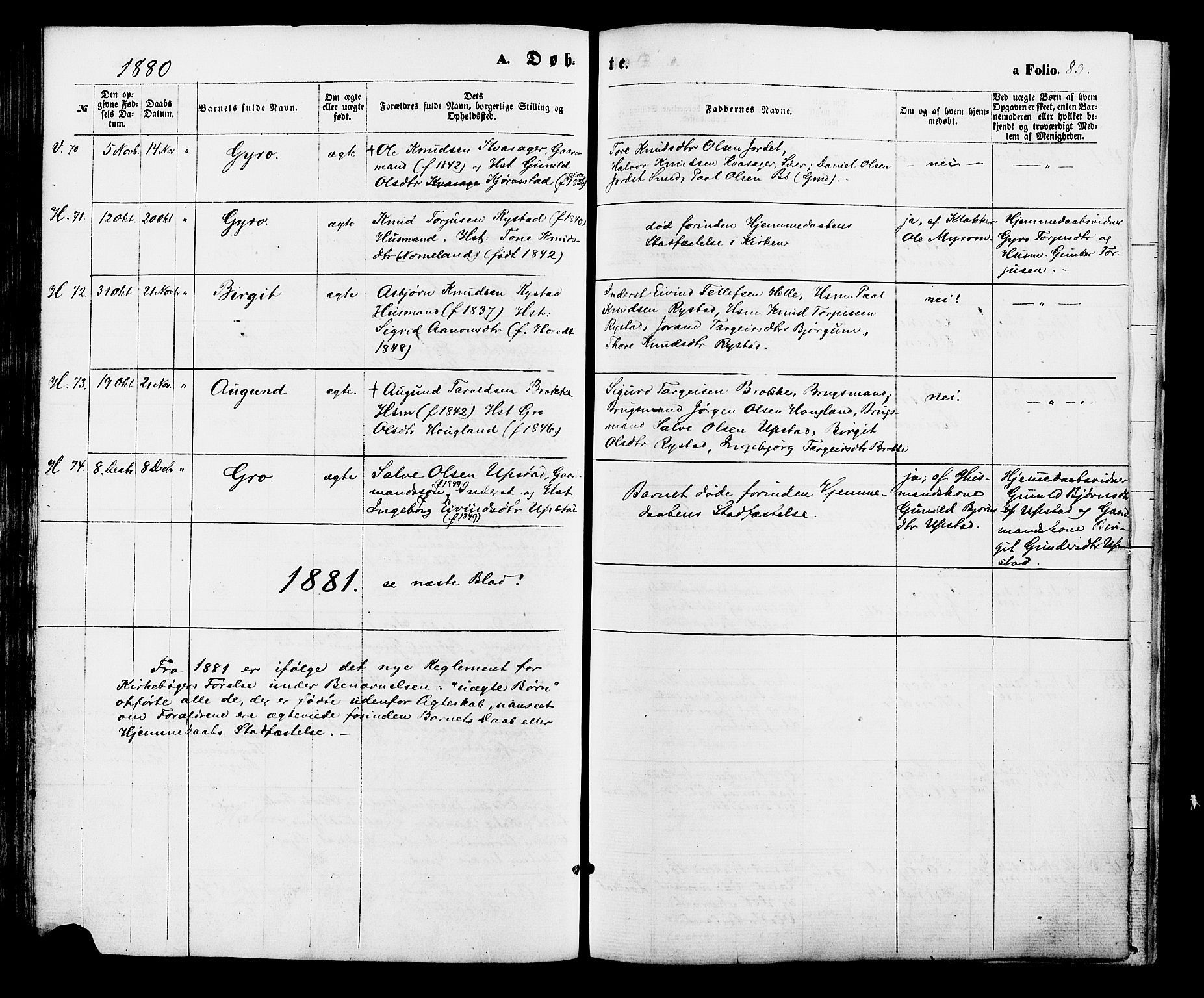 Valle sokneprestkontor, AV/SAK-1111-0044/F/Fa/Fac/L0008: Parish register (official) no. A 8, 1868-1882, p. 83