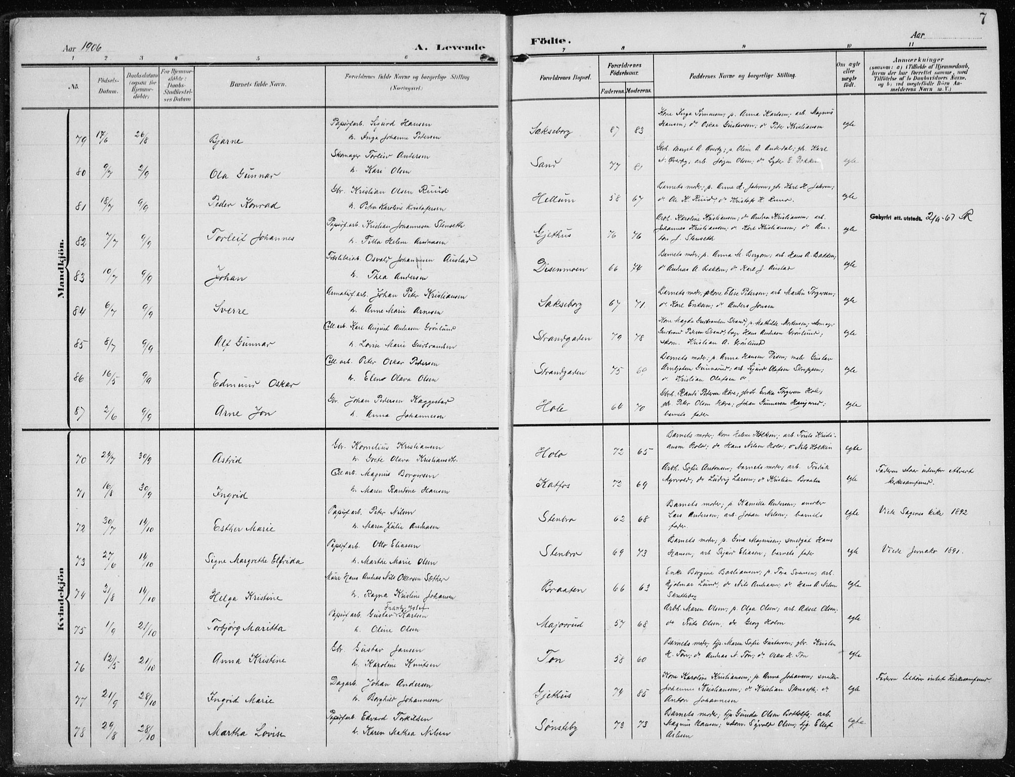 Modum kirkebøker, SAKO/A-234/F/Fa/L0014a: Parish register (official) no. 14A, 1906-1918, p. 7