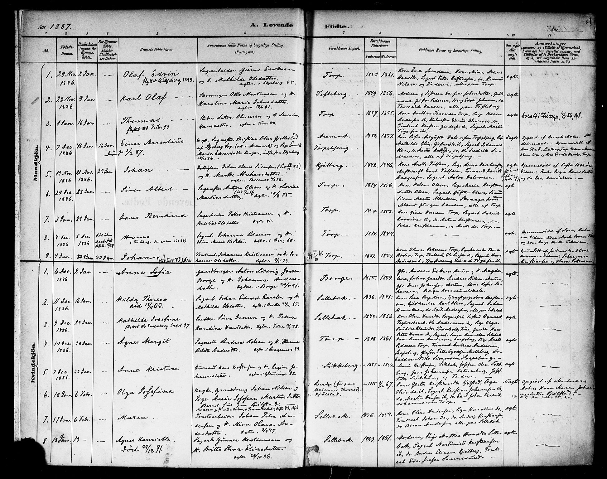 Borge prestekontor Kirkebøker, SAO/A-10903/F/Fa/L0008: Parish register (official) no. I 8A, 1887-1902, p. 1