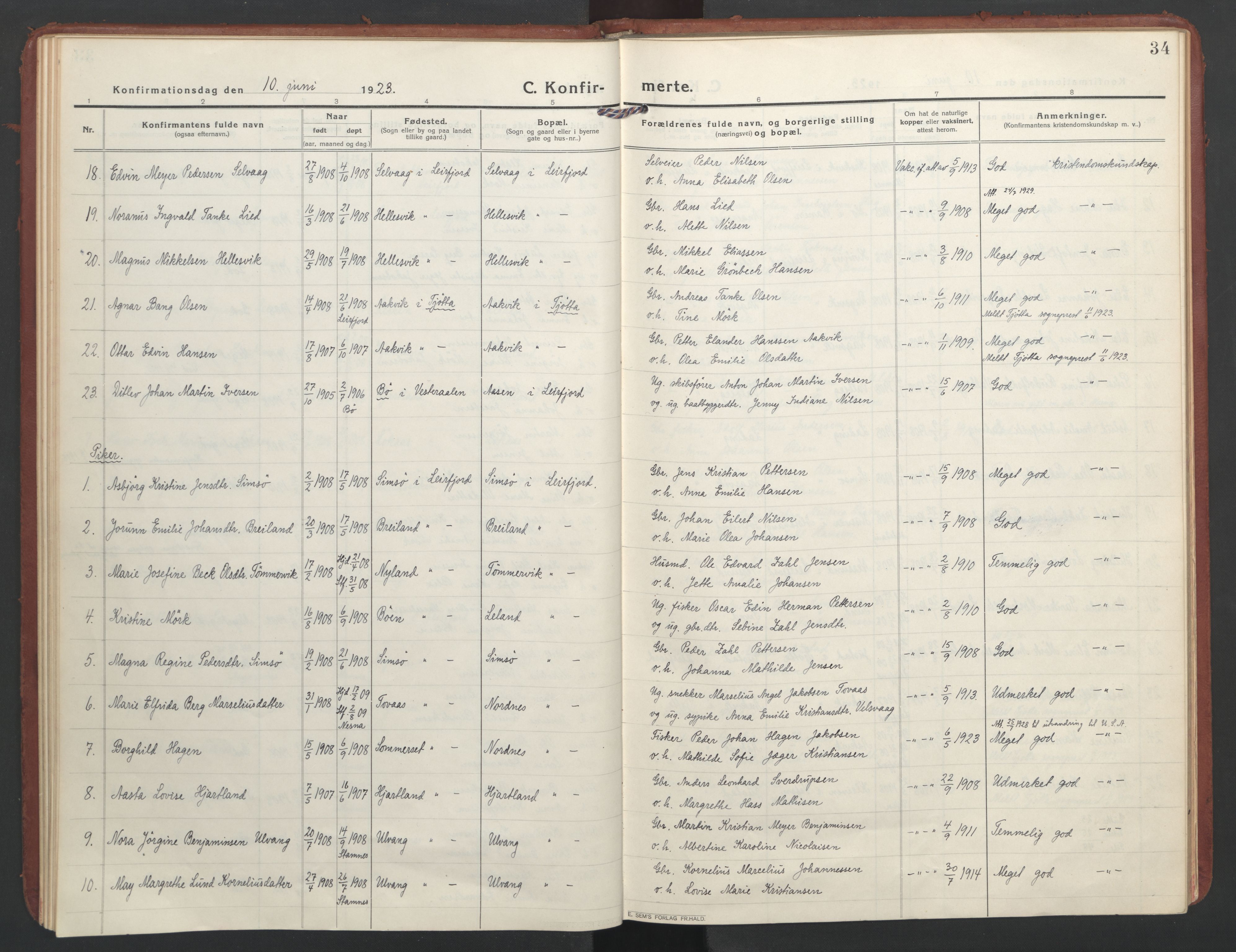 Ministerialprotokoller, klokkerbøker og fødselsregistre - Nordland, AV/SAT-A-1459/832/L0492: Parish register (official) no. 832A01, 1916-1934, p. 34