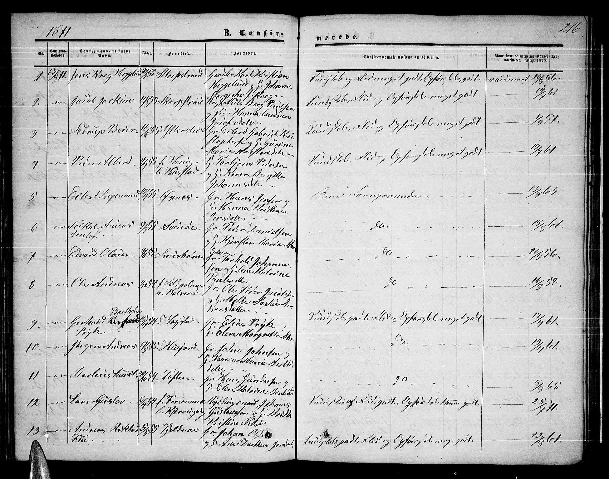 Ministerialprotokoller, klokkerbøker og fødselsregistre - Nordland, AV/SAT-A-1459/872/L1046: Parish register (copy) no. 872C02, 1852-1879, p. 216