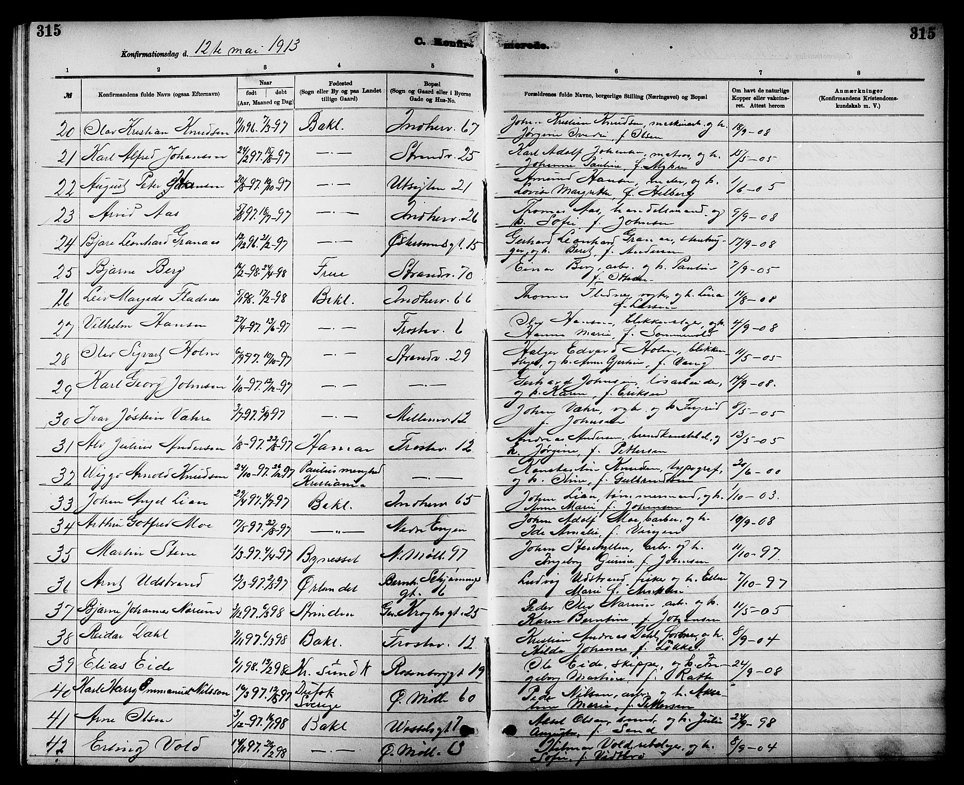 Ministerialprotokoller, klokkerbøker og fødselsregistre - Sør-Trøndelag, SAT/A-1456/605/L0254: Parish register (copy) no. 605C01, 1908-1916, p. 315