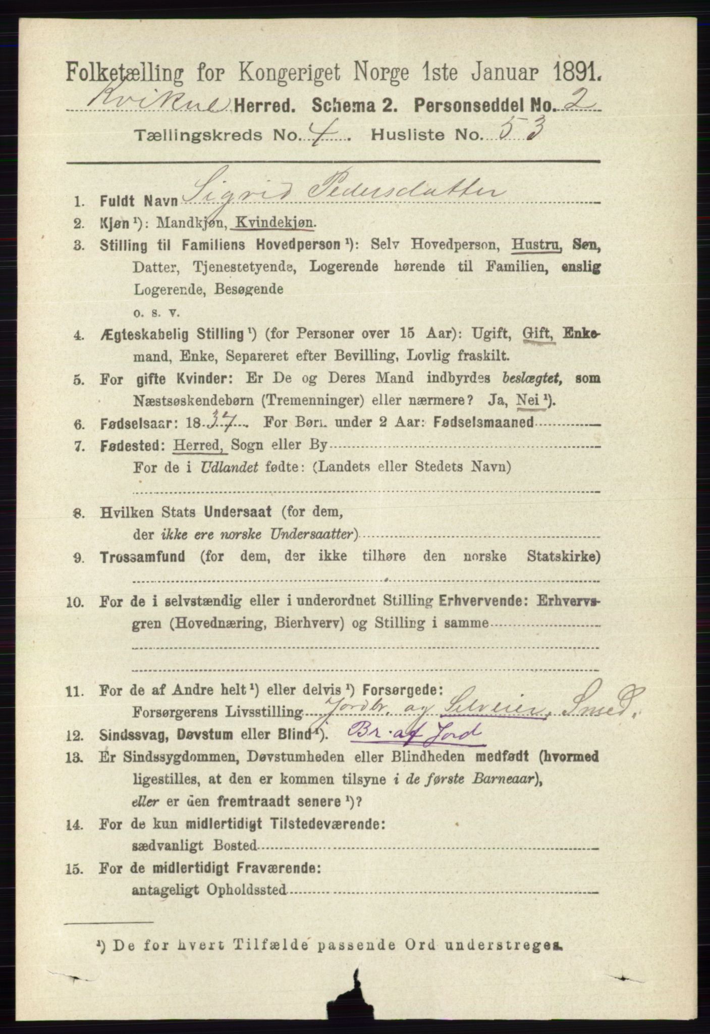 RA, 1891 census for 0440 Kvikne, 1891, p. 1283