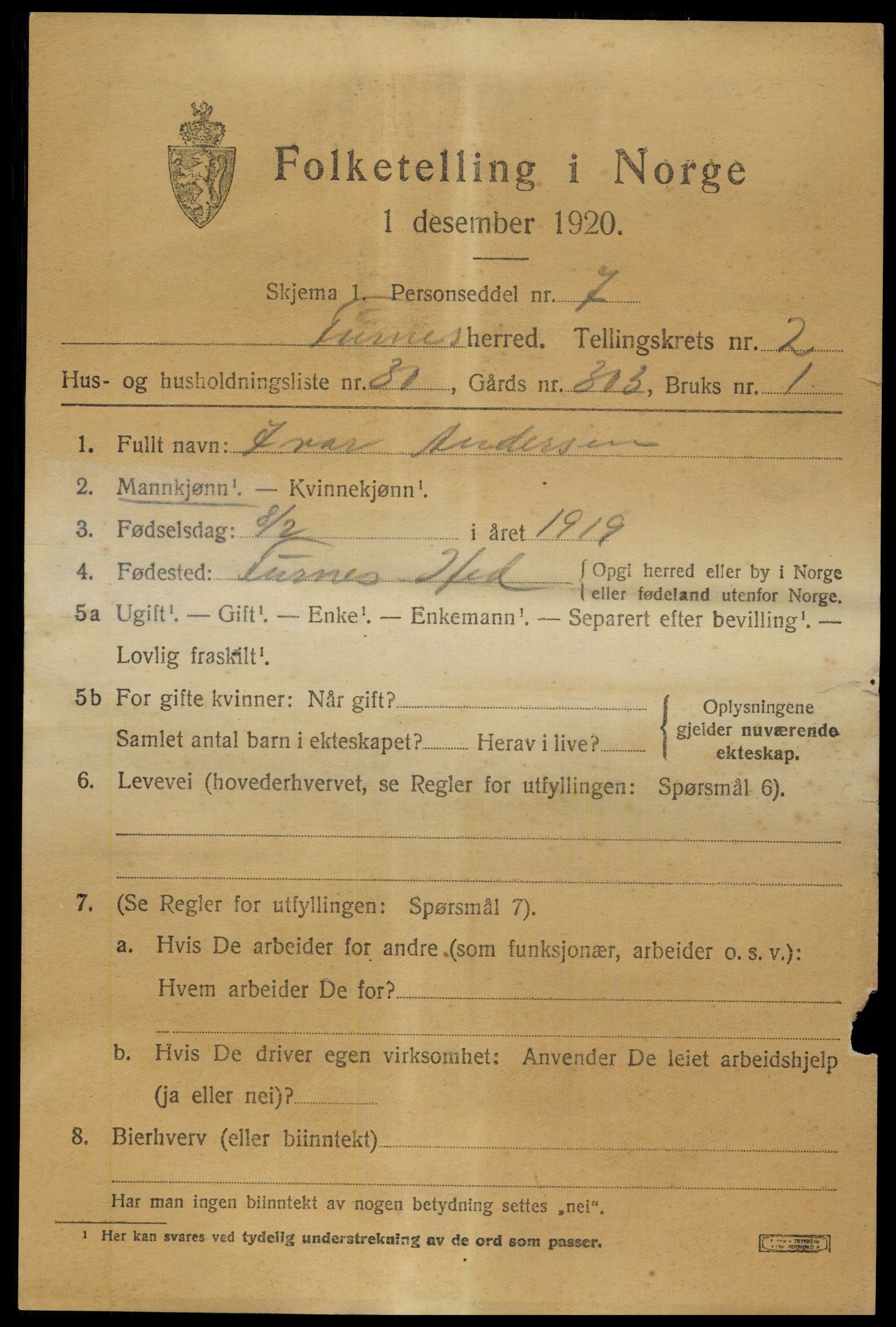 SAH, 1920 census for Furnes, 1920, p. 3413