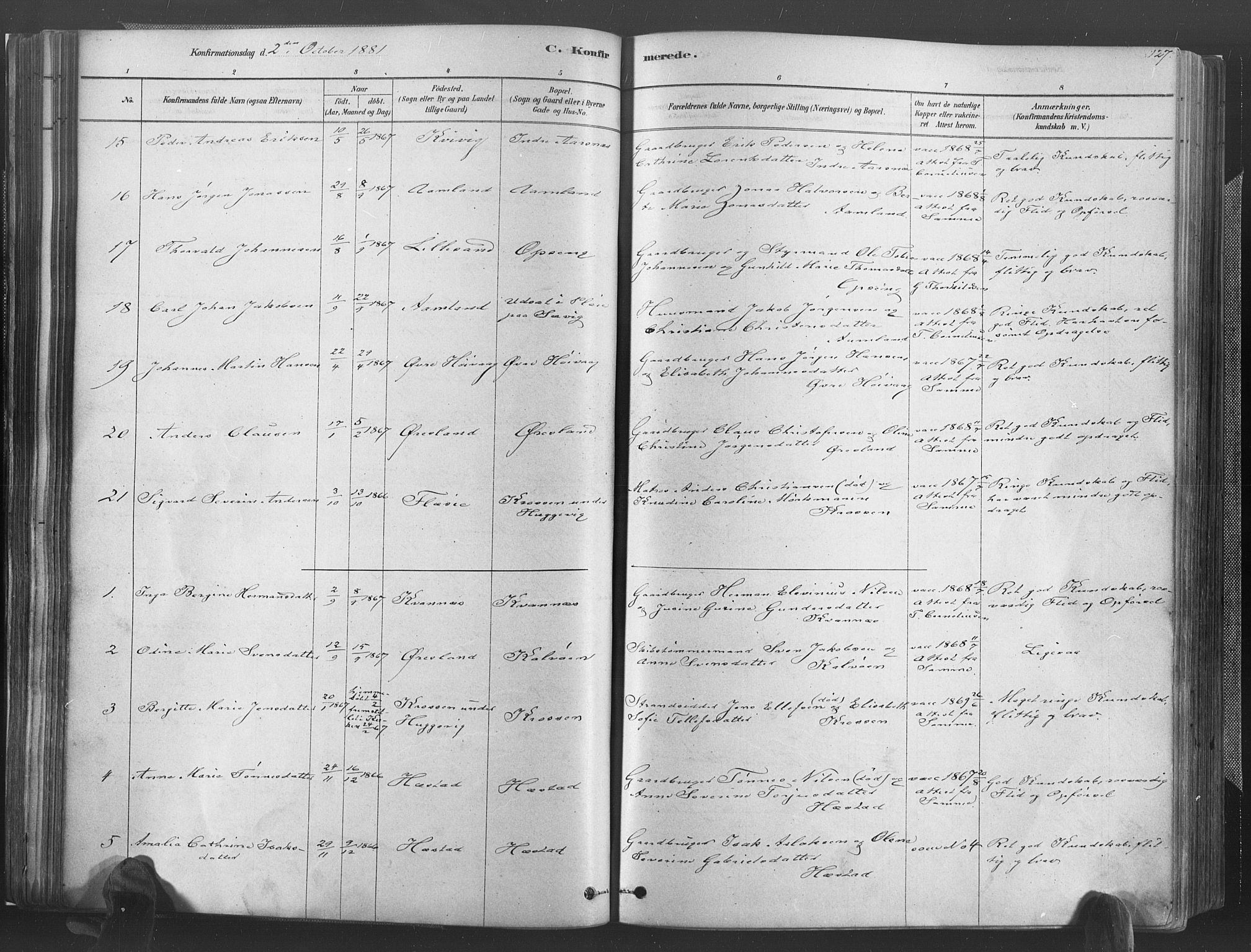 Høvåg sokneprestkontor, SAK/1111-0025/F/Fa/L0005: Parish register (official) no. A 5, 1878-1893, p. 127