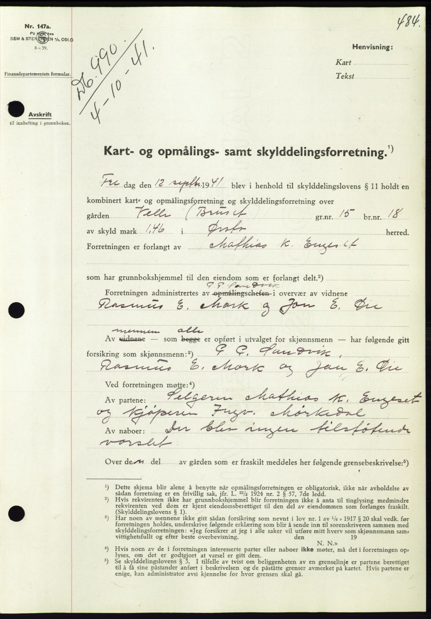 Søre Sunnmøre sorenskriveri, AV/SAT-A-4122/1/2/2C/L0071: Mortgage book no. 65, 1941-1941, Diary no: : 990/1941