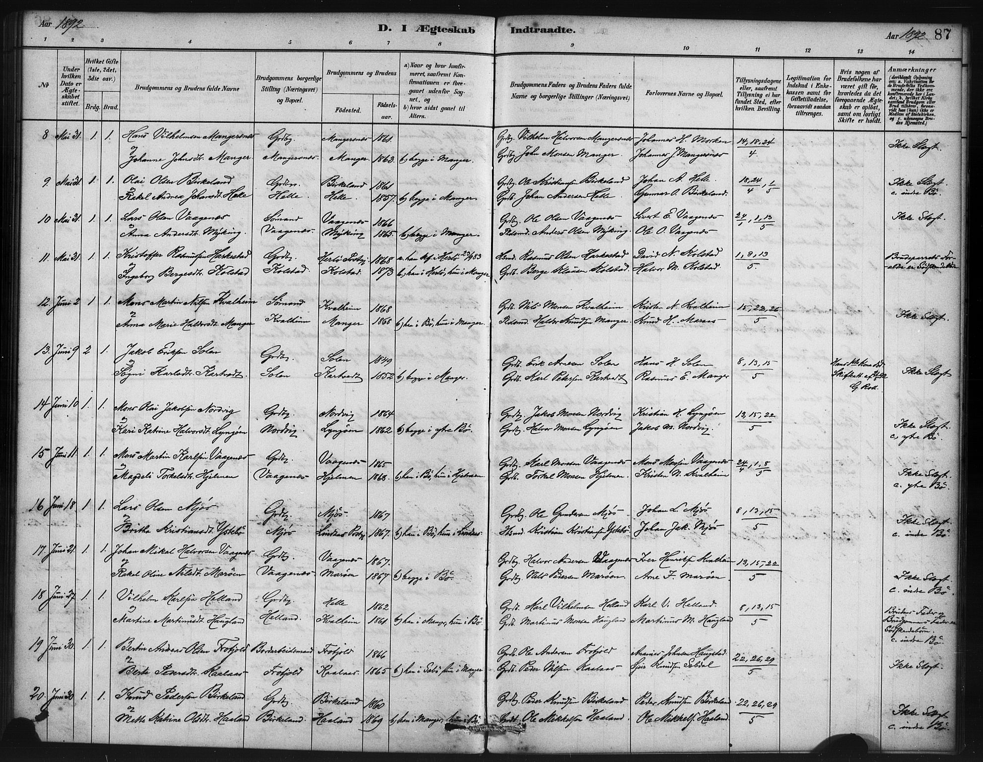 Manger sokneprestembete, AV/SAB-A-76801/H/Haa: Parish register (official) no. B 1, 1881-1892, p. 87