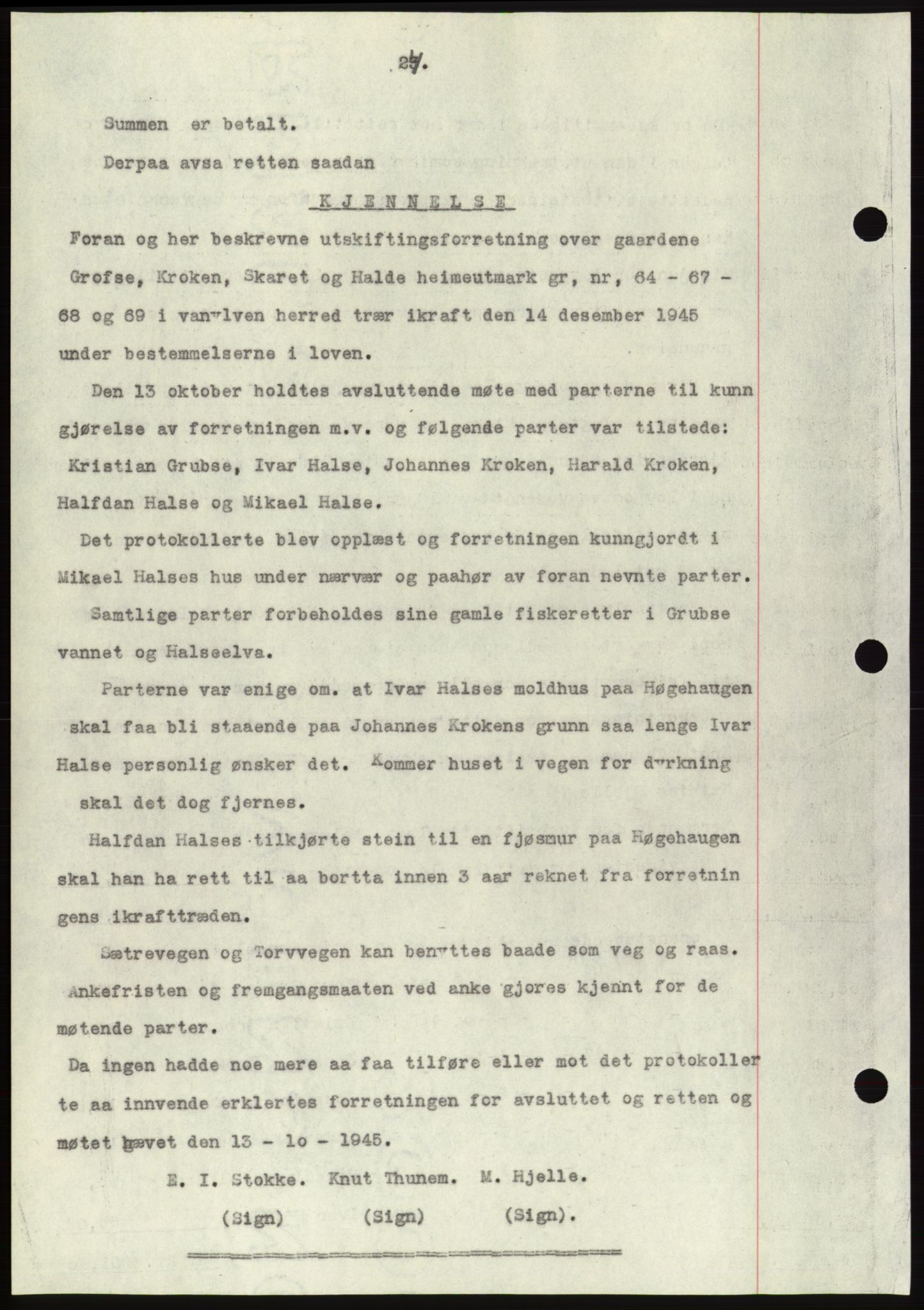 Søre Sunnmøre sorenskriveri, AV/SAT-A-4122/1/2/2C/L0077: Mortgage book no. 3A, 1945-1946, Diary no: : 826/1945