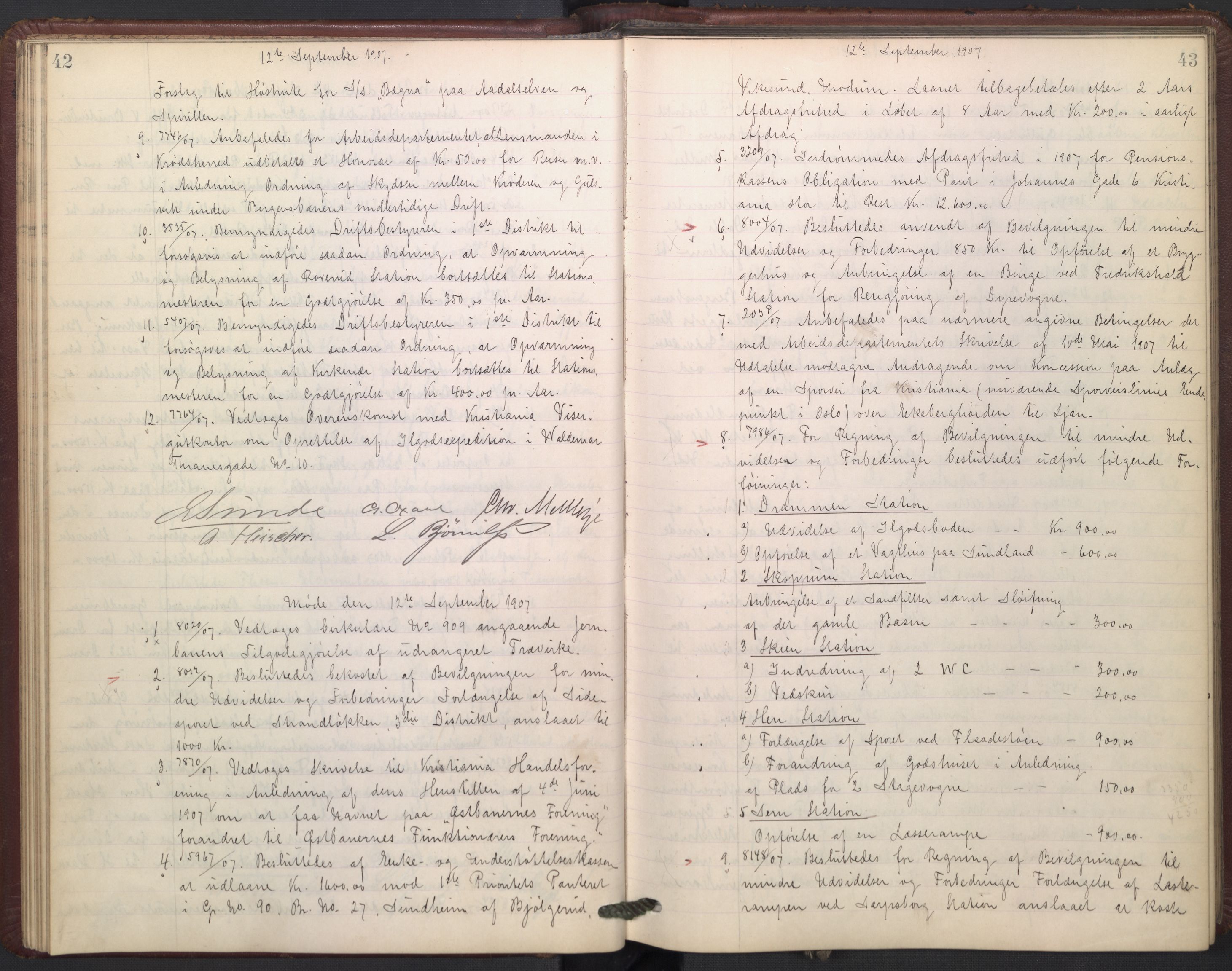 Norges statsbaner, Administrasjons- økonomi- og personalavdelingen, AV/RA-S-3412/A/Aa/L0009: Forhandlingsprotokoll, 1907-1909, p. 42-43