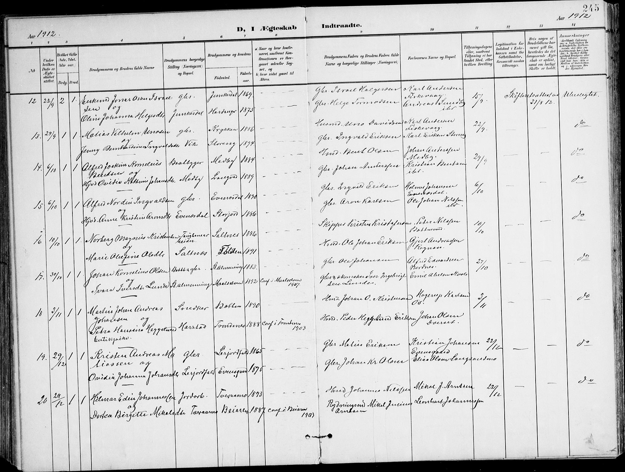 Ministerialprotokoller, klokkerbøker og fødselsregistre - Nordland, AV/SAT-A-1459/847/L0672: Parish register (official) no. 847A12, 1902-1919, p. 245