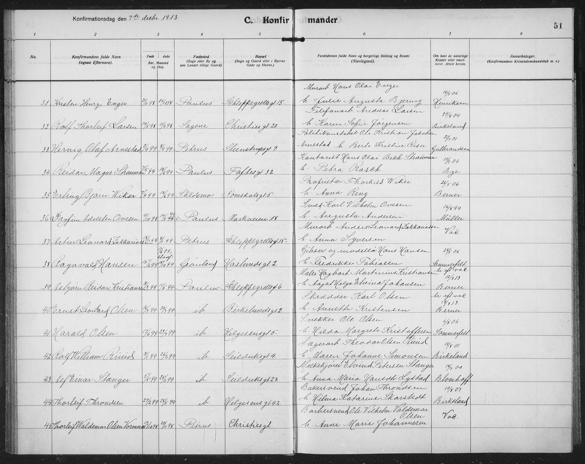 Paulus prestekontor Kirkebøker, AV/SAO-A-10871/F/Fa/L0022: Parish register (official) no. 22, 1912-1920, p. 51